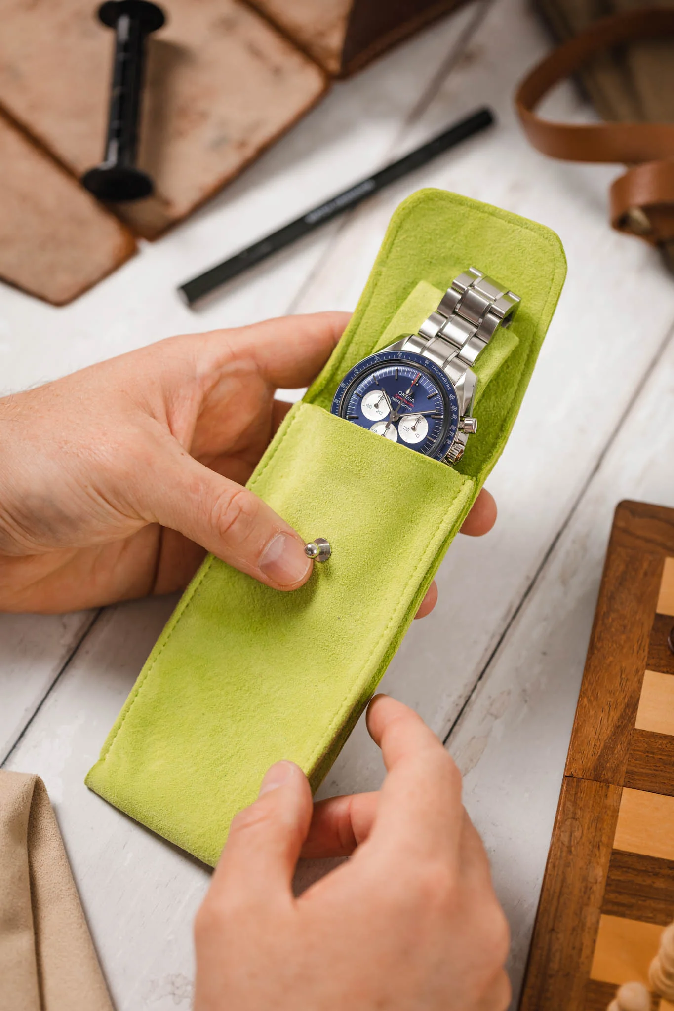 JPM Single Watch Vintage Suede Travel Pouch in LIME GREEN - Image 4