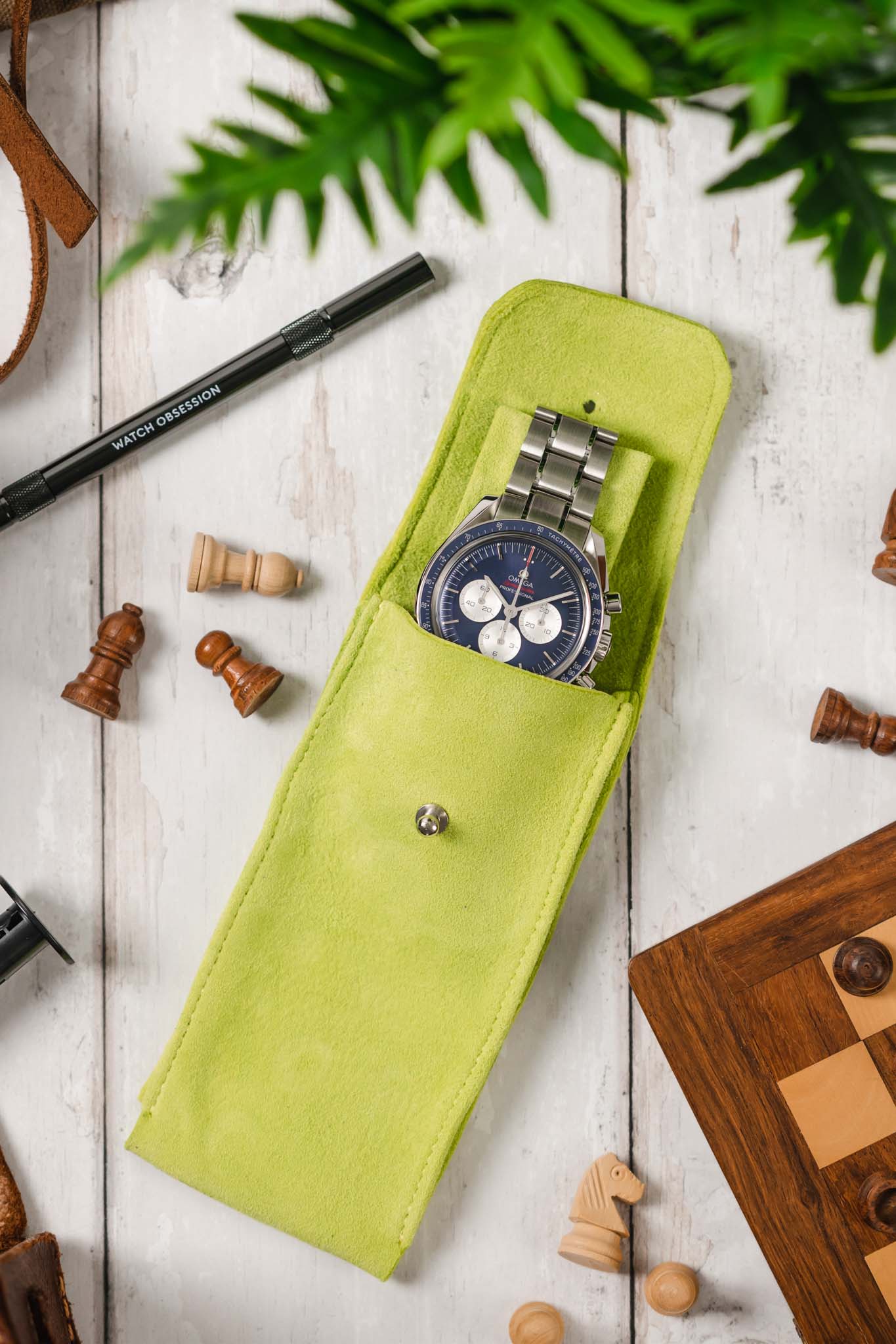 JPM Single Watch Vintage Suede Travel Pouch in LIME GREEN - Image 6