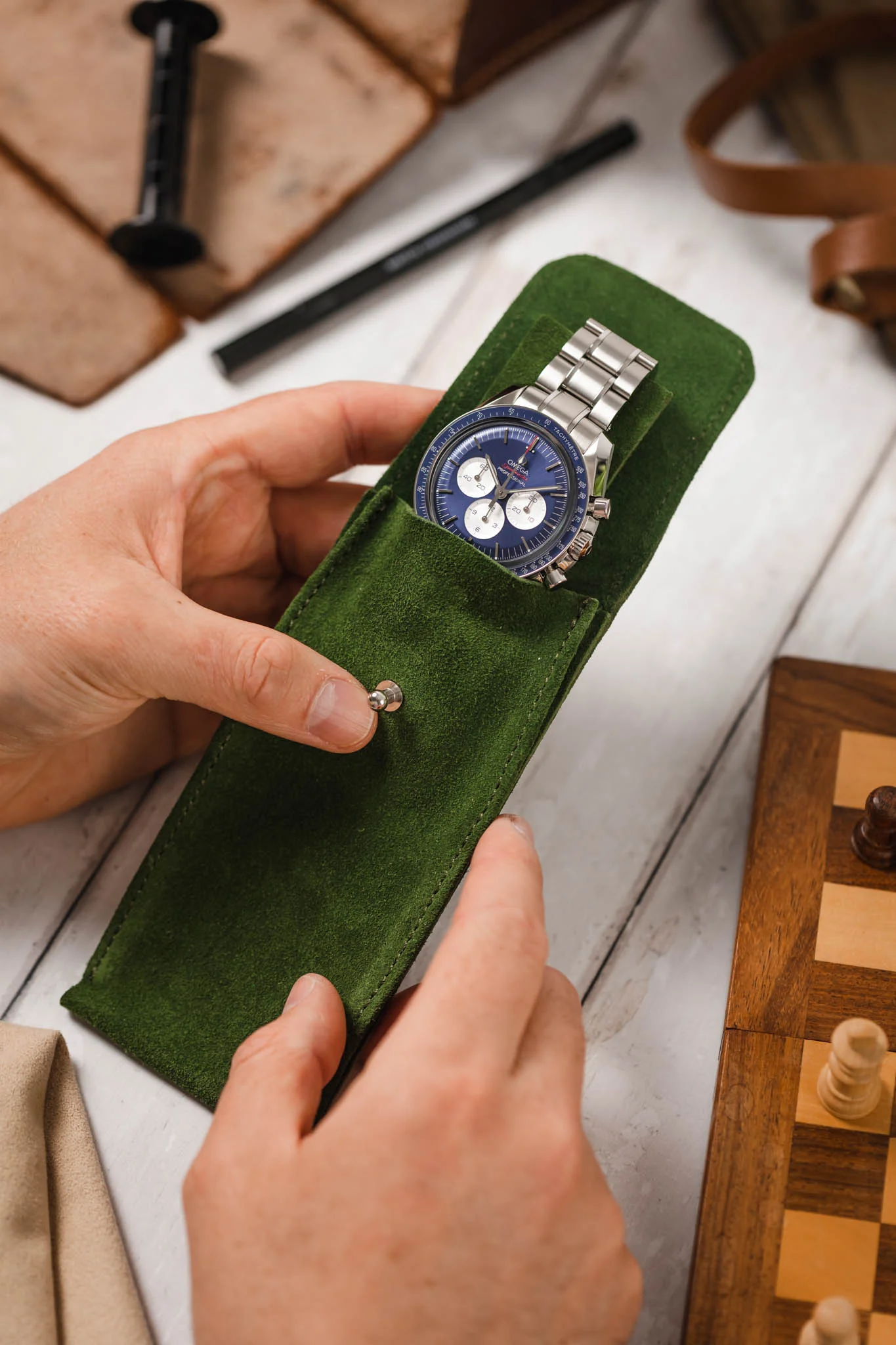 JPM Single Watch Vintage Suede Travel Pouch in MOSS GREEN - Image 4