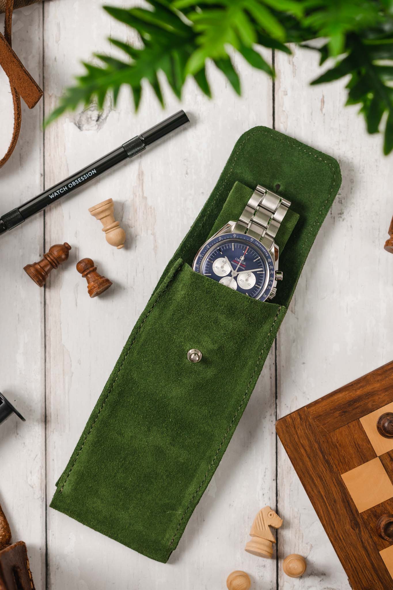 JPM Single Watch Vintage Suede Travel Pouch in MOSS GREEN - Image 6