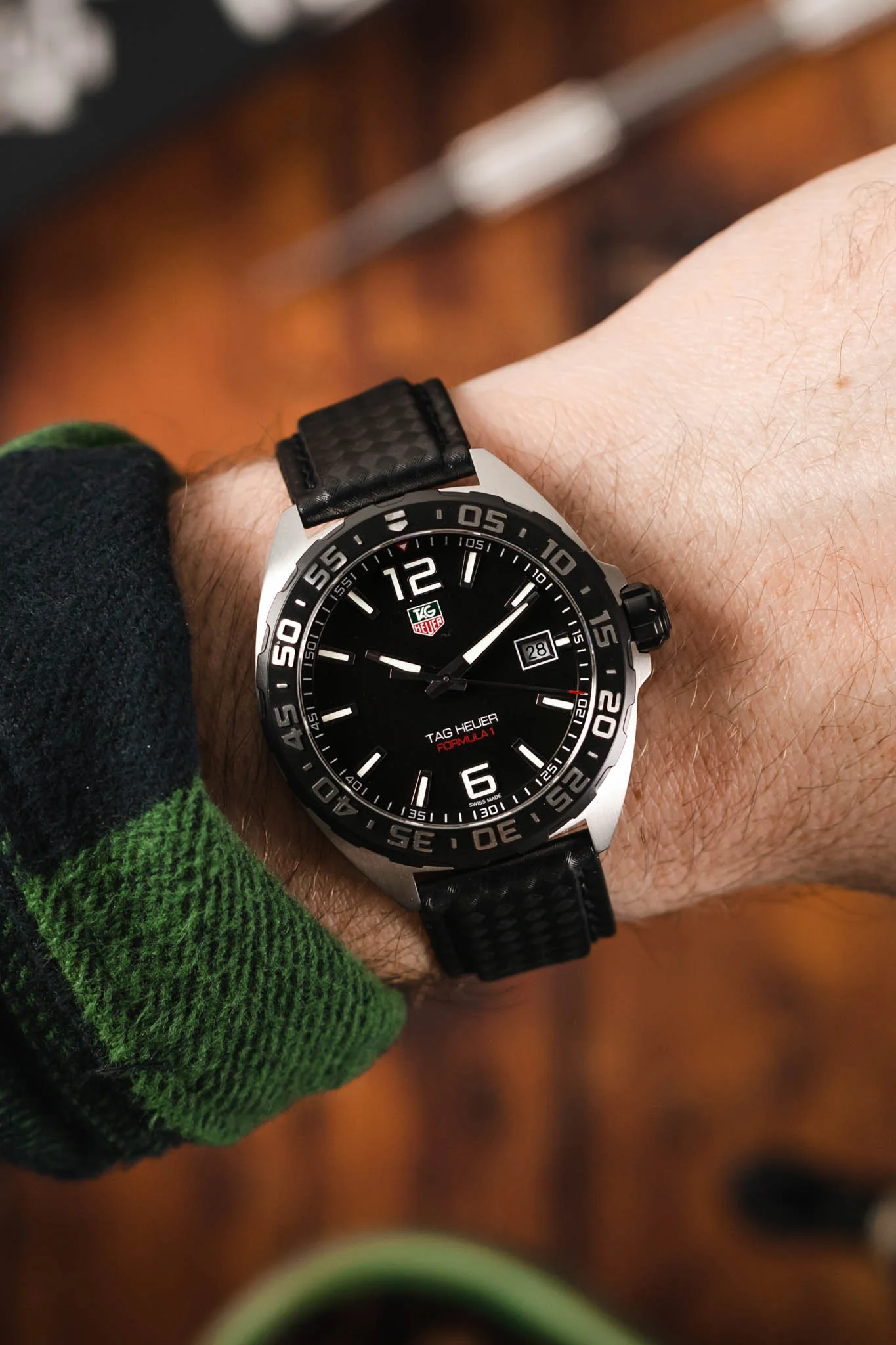 Morellato BIKING Carbon Fibre-Embossed Calfskin Leather Watch Strap in BLACK with BLACK Stitch - Image 2