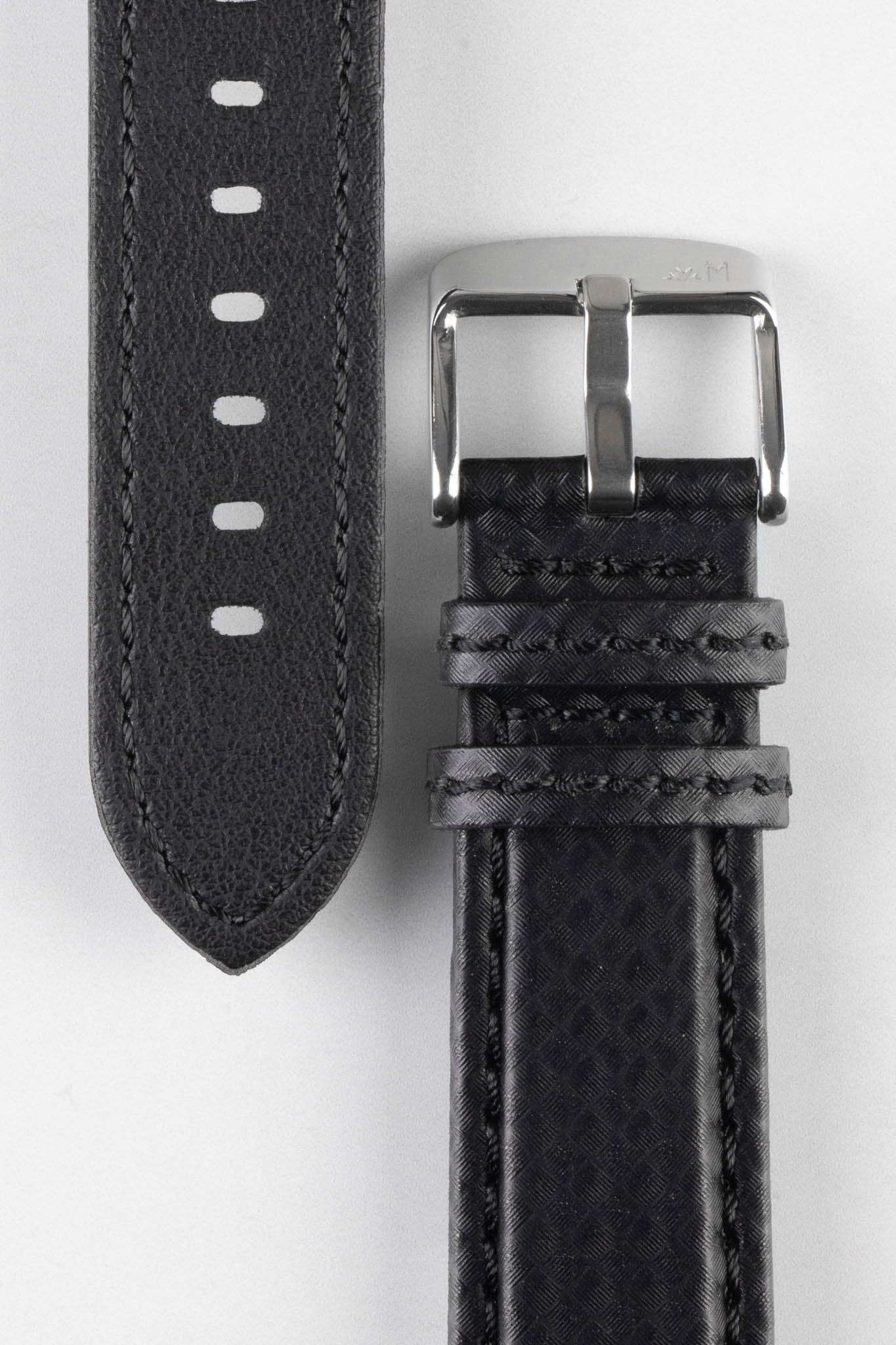 Morellato BIKING Carbon Fibre-Embossed Calfskin Leather Watch Strap in BLACK with BLACK Stitch - Image 3