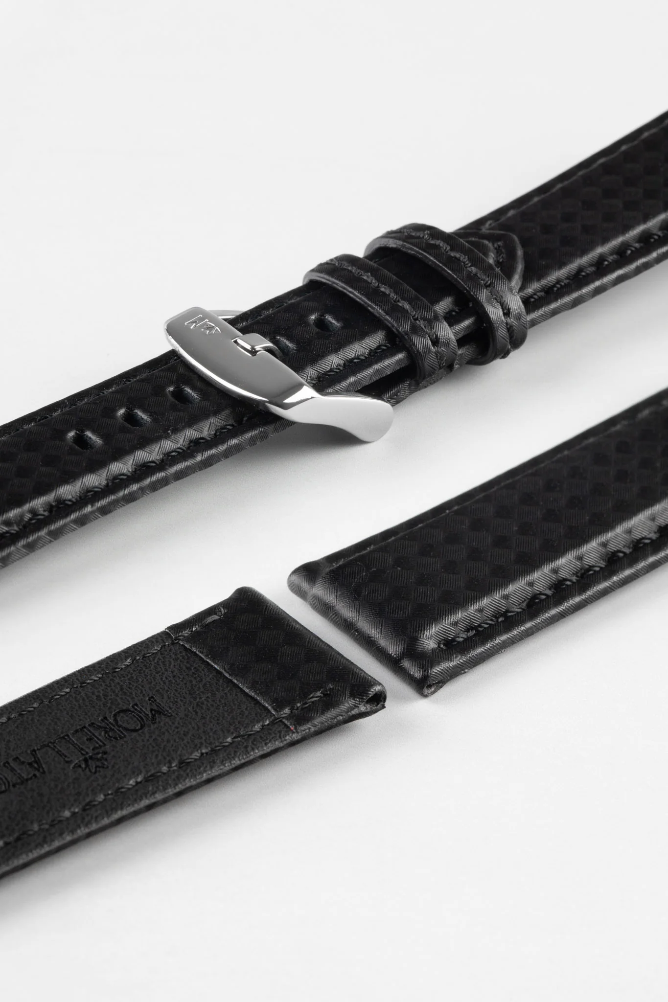 Morellato BIKING Carbon Fibre-Embossed Calfskin Leather Watch Strap in BLACK with BLACK Stitch - Image 7