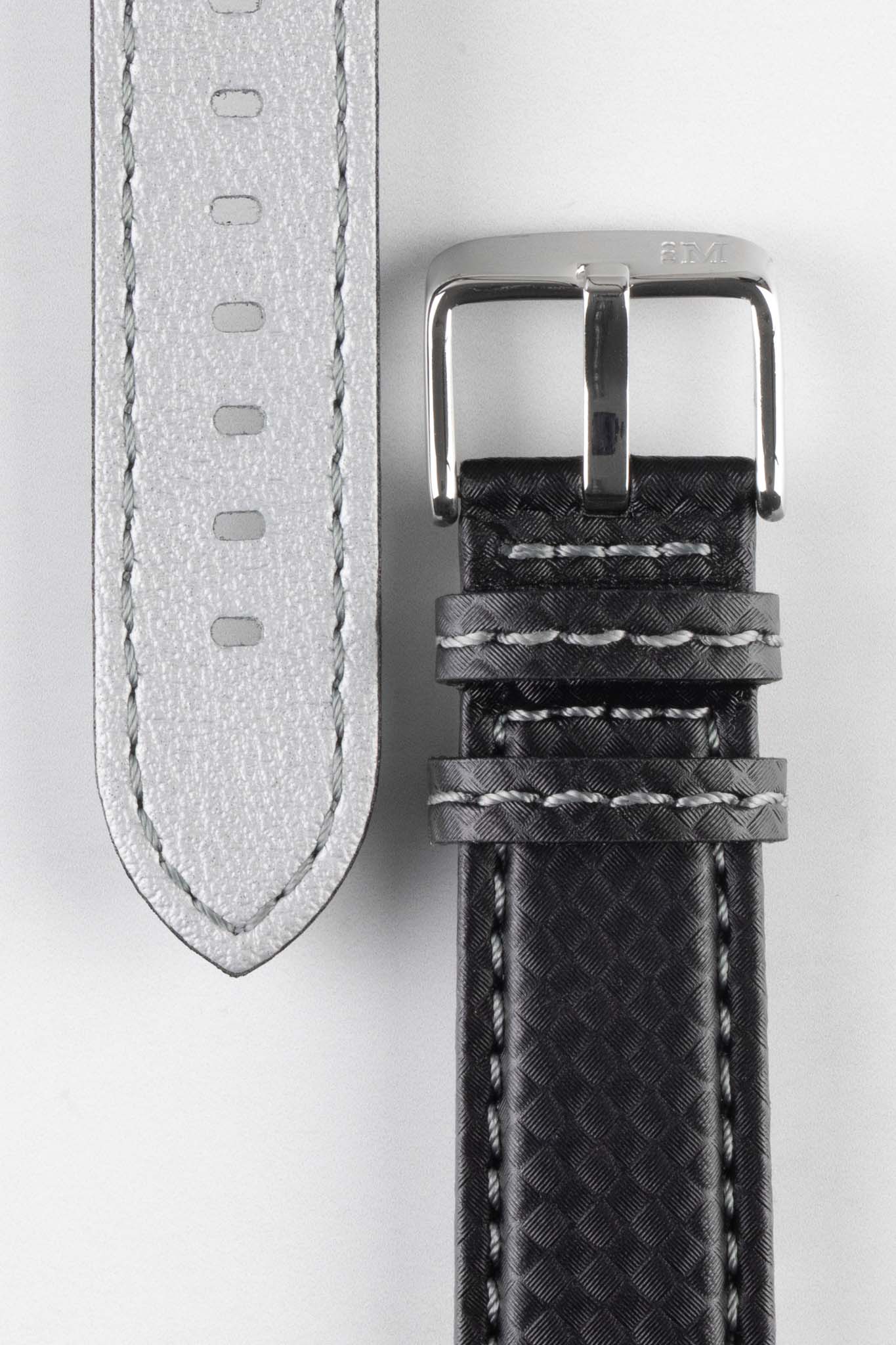 Morellato BIKING Carbon Fibre-Embossed Calfskin Leather Watch Strap in BLACK with GREY Stitch - Image 3