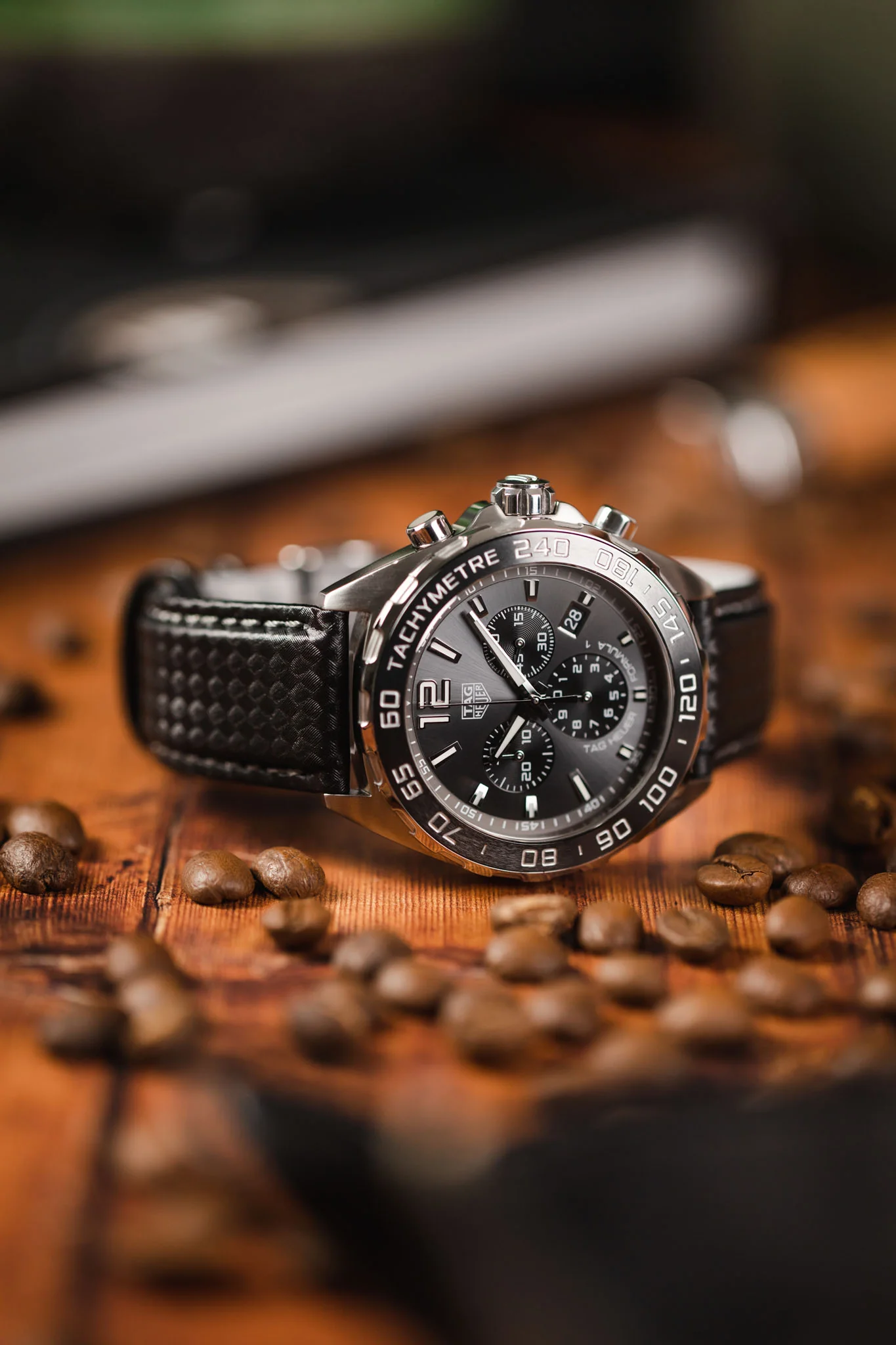 Morellato BIKING Carbon Fibre-Embossed Calfskin Leather Watch Strap in BLACK with GREY Stitch - Image 4