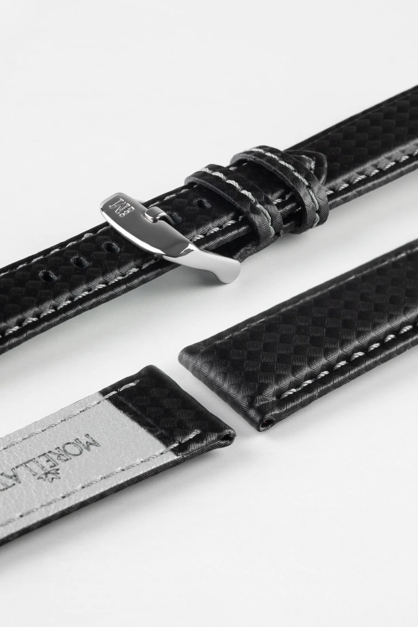 Morellato BIKING Carbon Fibre-Embossed Calfskin Leather Watch Strap in BLACK with GREY Stitch - Image 7