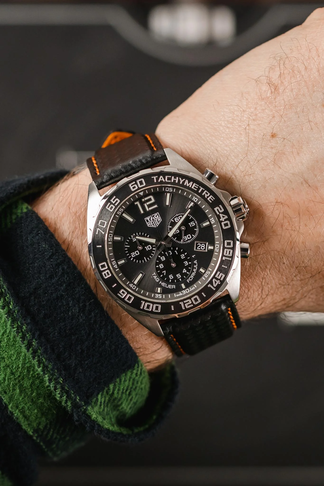 Morellato BIKING Carbon Fibre-Embossed Calfskin Leather Watch Strap in BLACK with ORANGE Stitching - Image 2