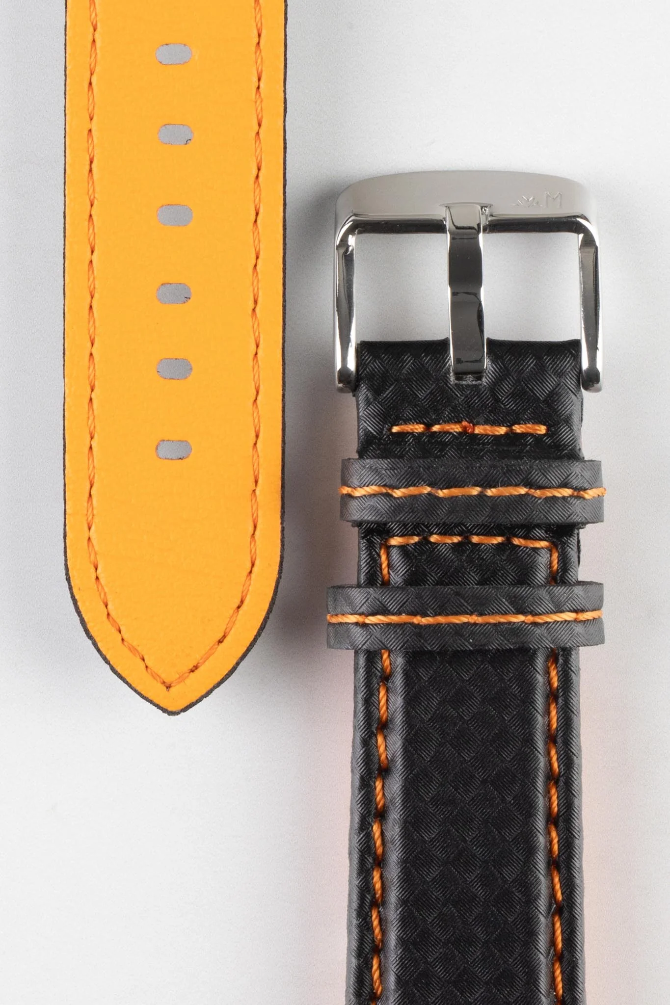 Morellato BIKING Carbon Fibre-Embossed Calfskin Leather Watch Strap in BLACK with ORANGE Stitching - Image 3