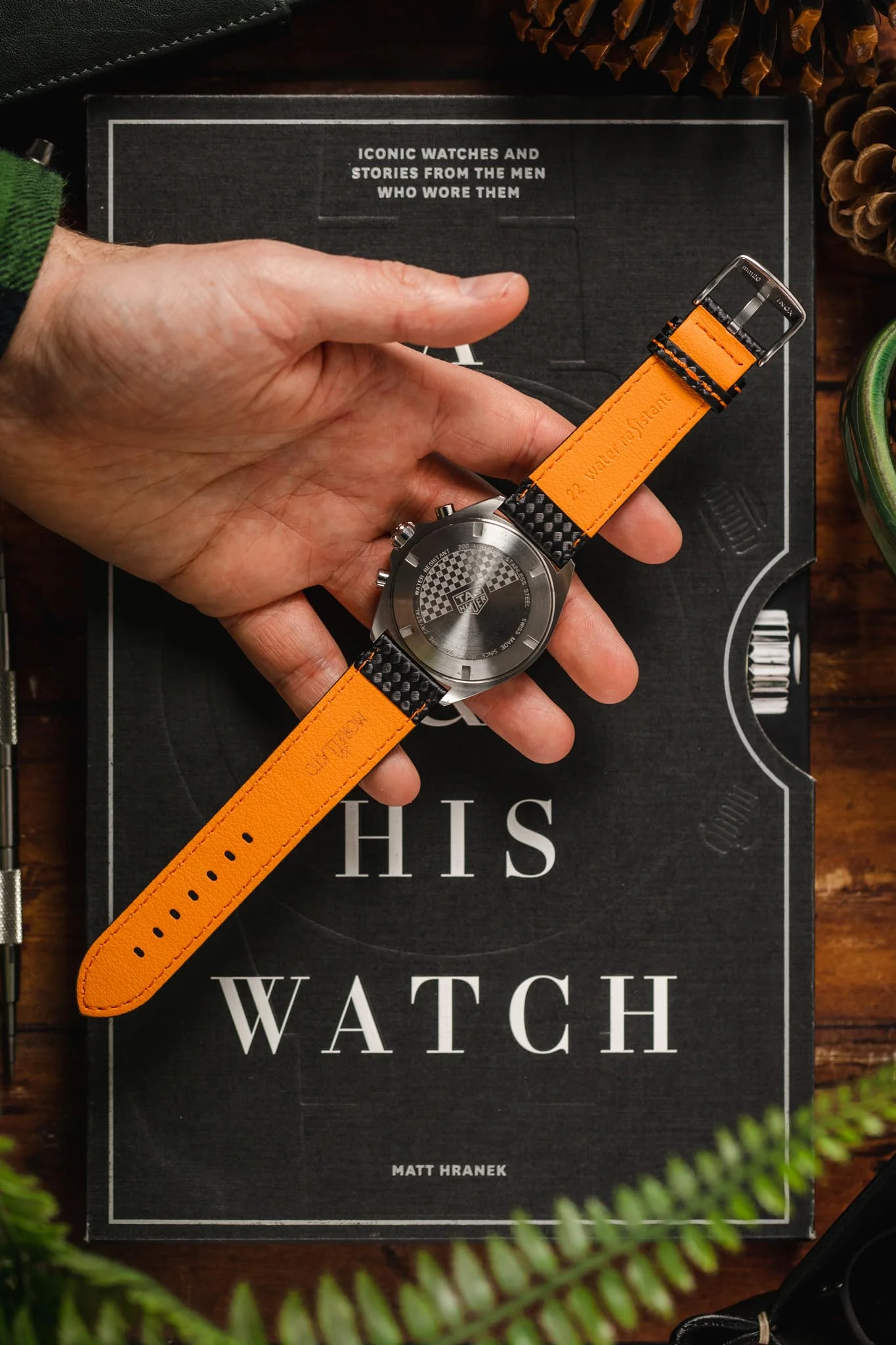 Morellato BIKING Carbon Fibre-Embossed Calfskin Leather Watch Strap in BLACK with ORANGE Stitching - Image 4