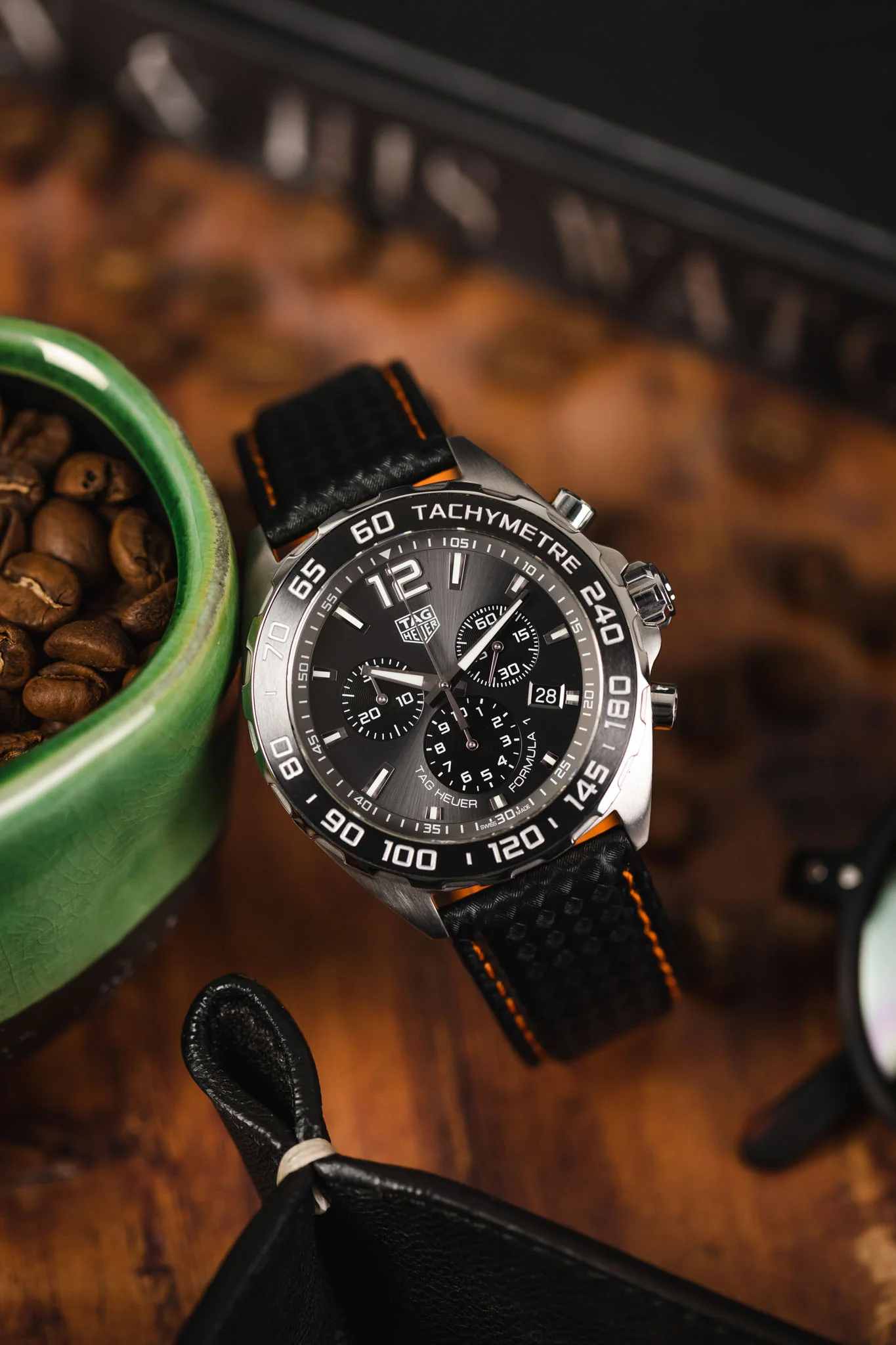 Morellato BIKING Carbon Fibre-Embossed Calfskin Leather Watch Strap in BLACK with ORANGE Stitching - Image 6