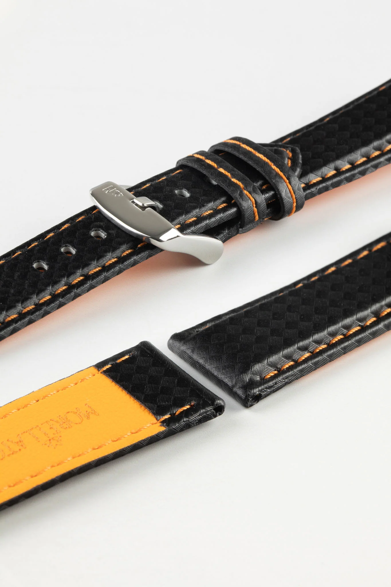 Morellato BIKING Carbon Fibre-Embossed Calfskin Leather Watch Strap in BLACK with ORANGE Stitching - Image 7