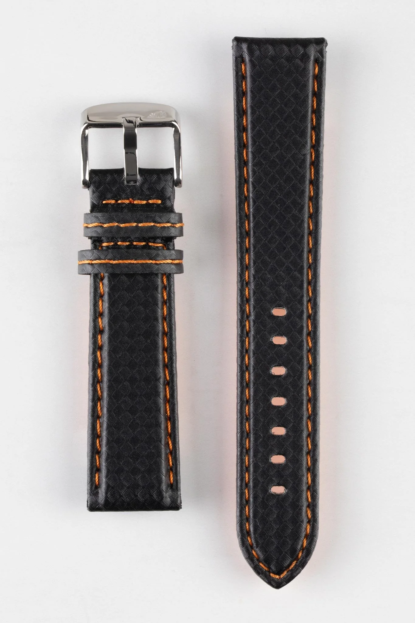 Morellato BIKING Carbon Fibre-Embossed Calfskin Leather Watch Strap in BLACK with ORANGE Stitching - Image 8
