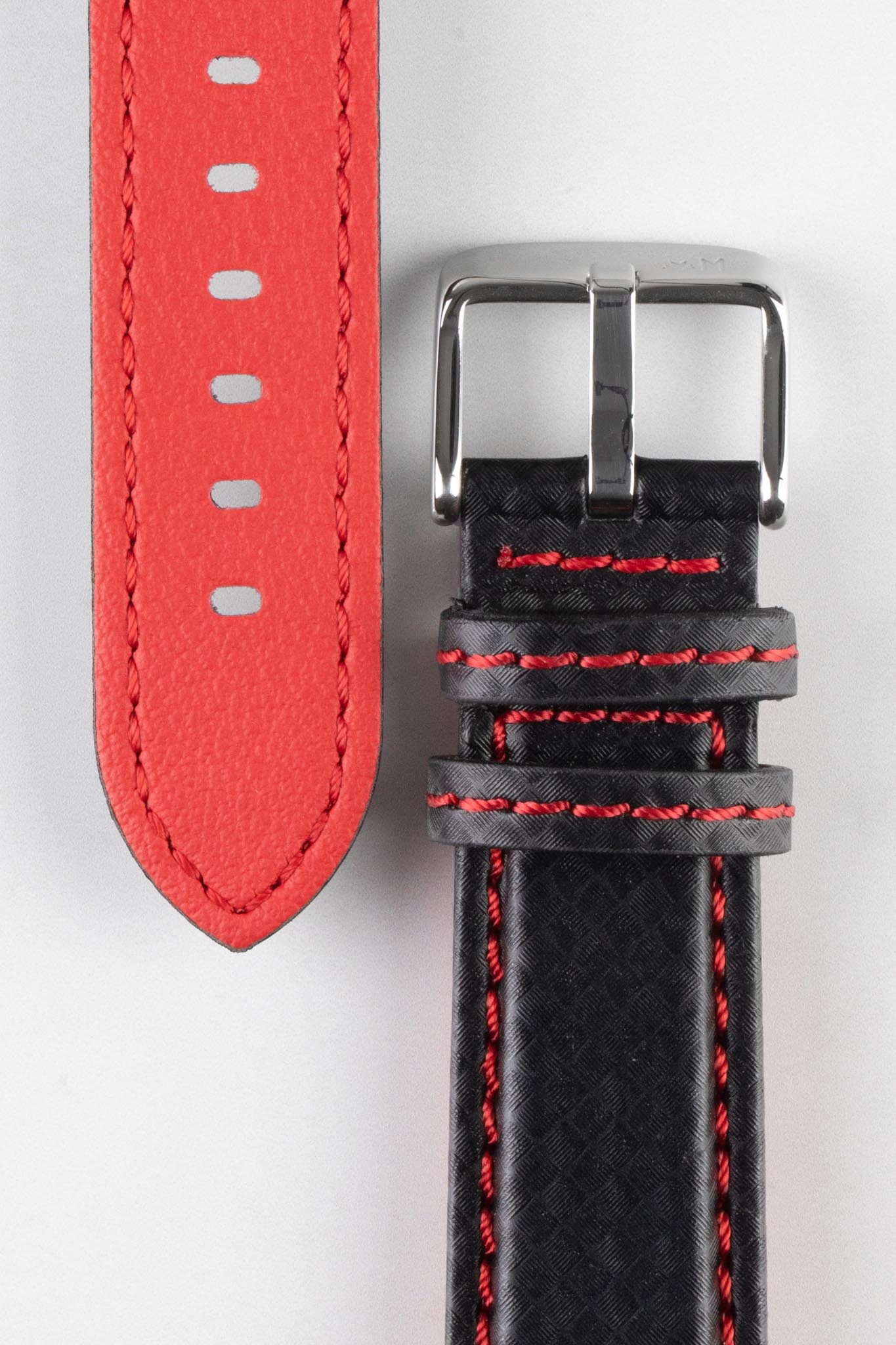 Morellato BIKING Carbon Fibre-Embossed Calfskin Leather Watch Strap in BLACK with RED Stitching - Image 3