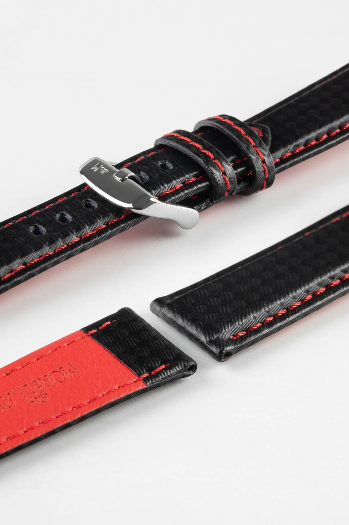 Morellato BIKING Carbon Fibre-Embossed Calfskin Leather Watch Strap in BLACK with RED Stitching - Image 7