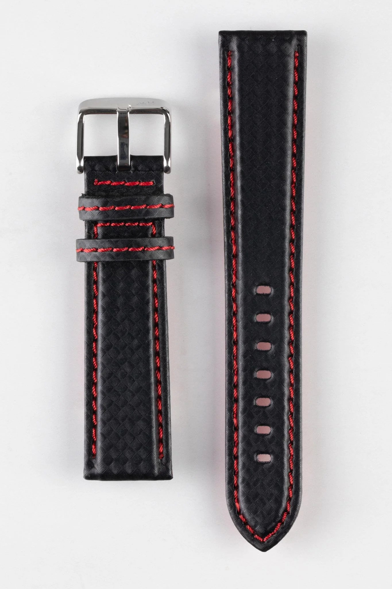 Morellato BIKING Carbon Fibre-Embossed Calfskin Leather Watch Strap in BLACK with RED Stitching - Image 8