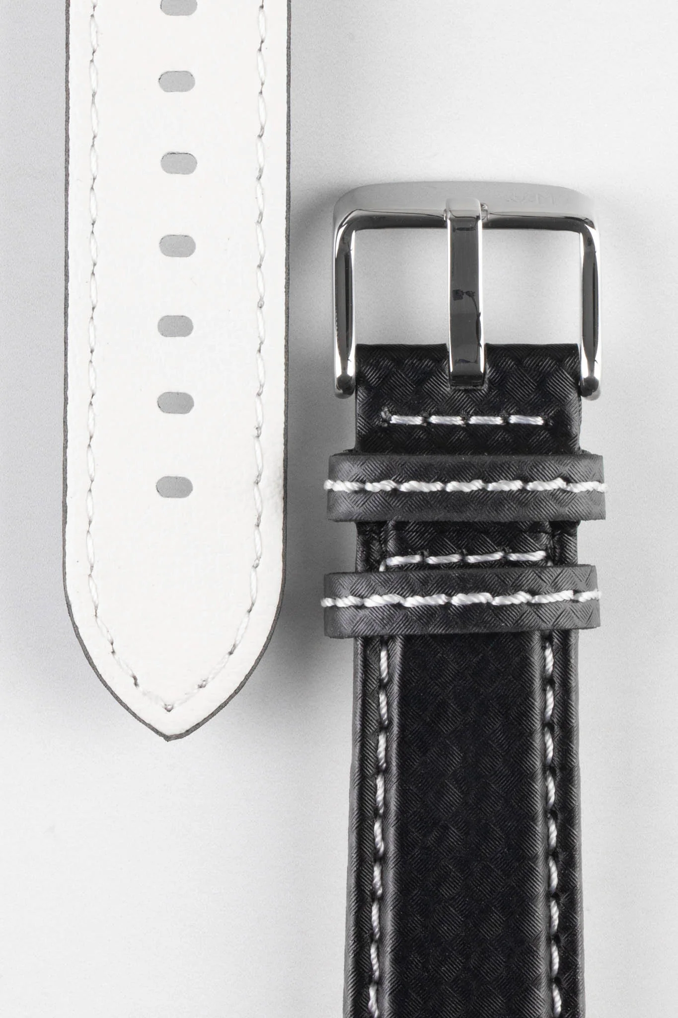 Morellato BIKING Carbon Fibre-Embossed Calfskin Leather Watch Strap in BLACK with WHITE Stitching - Image 3