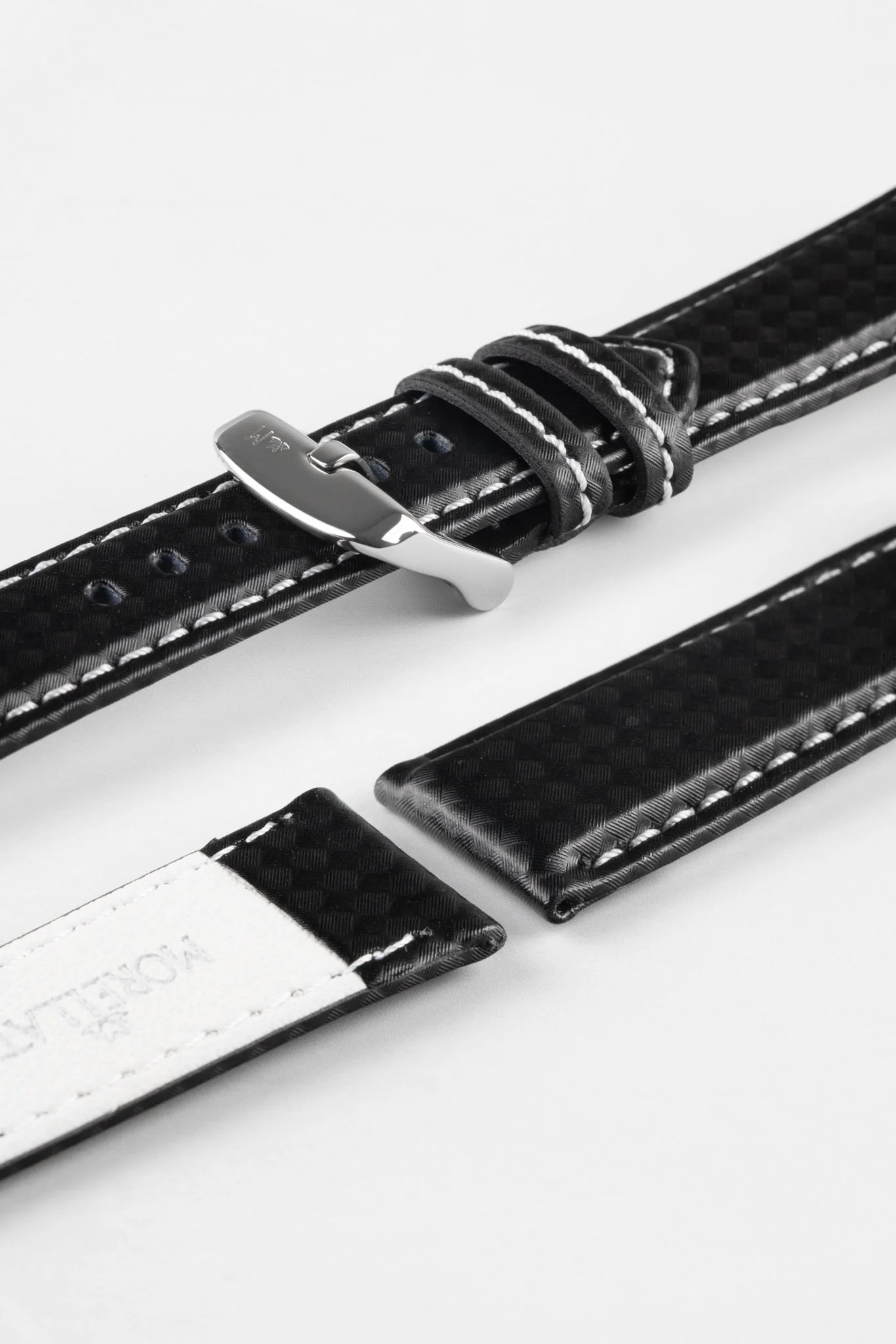 Morellato BIKING Carbon Fibre-Embossed Calfskin Leather Watch Strap in BLACK with WHITE Stitching - Image 7
