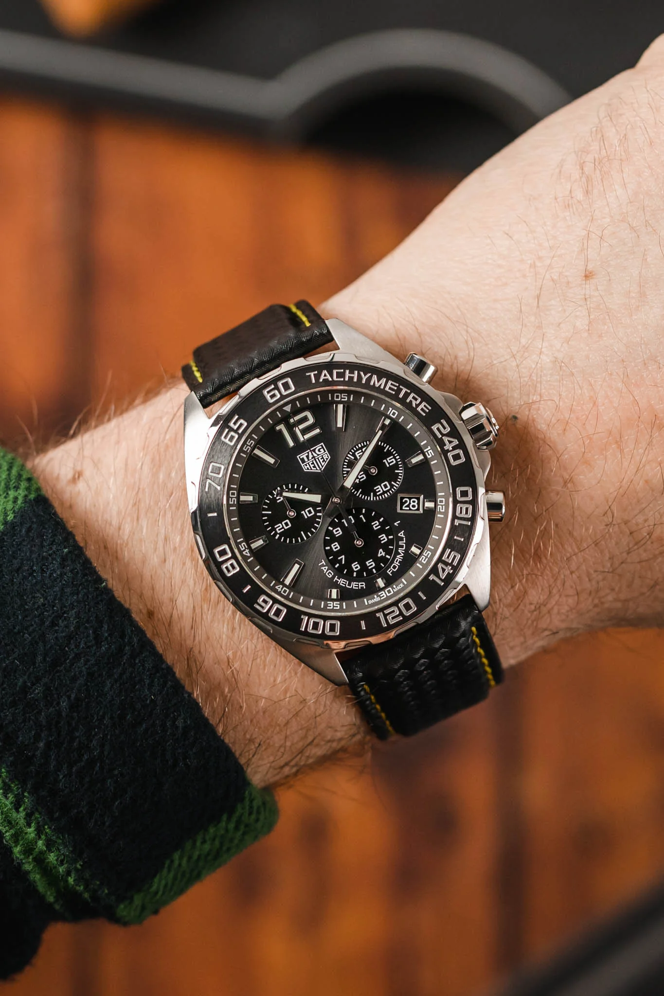 Morellato BIKING Carbon Fibre-Embossed Calfskin Leather Watch Strap in BLACK with YELLOW Stitching - Image 2