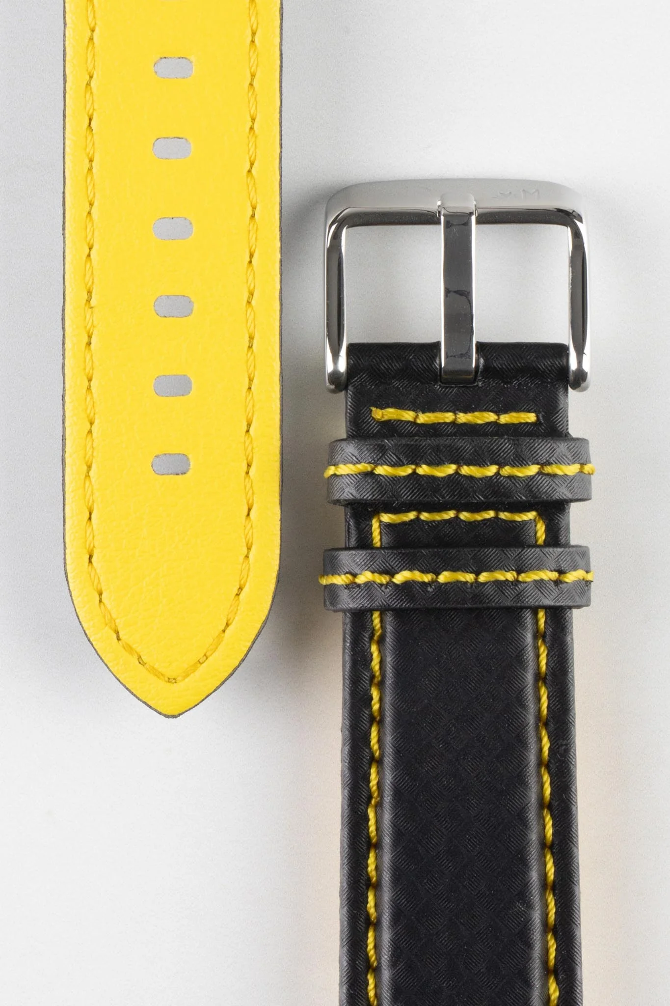 Morellato BIKING Carbon Fibre-Embossed Calfskin Leather Watch Strap in BLACK with YELLOW Stitching - Image 3
