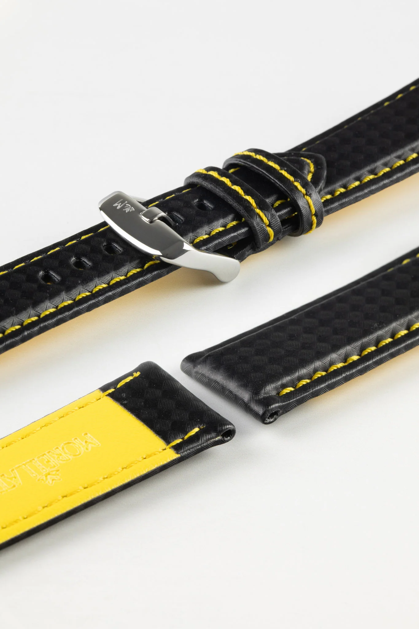 Morellato BIKING Carbon Fibre-Embossed Calfskin Leather Watch Strap in BLACK with YELLOW Stitching - Image 7
