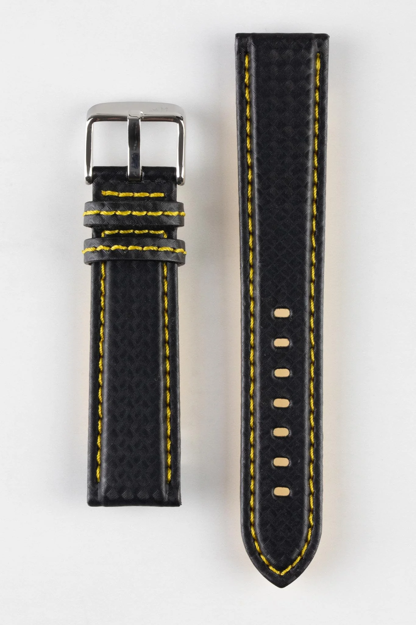 Morellato BIKING Carbon Fibre-Embossed Calfskin Leather Watch Strap in BLACK with YELLOW Stitching - Image 8