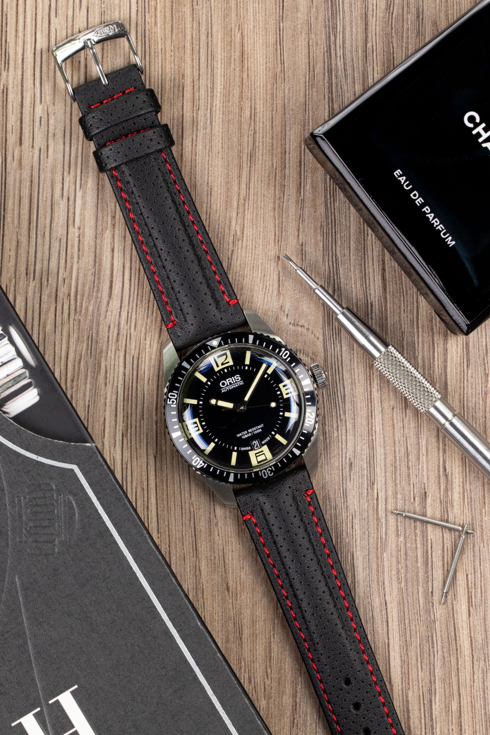 Morellato RACE Motorsport Microfibre Watch Strap in BLACK with RED Stitch - Image 2