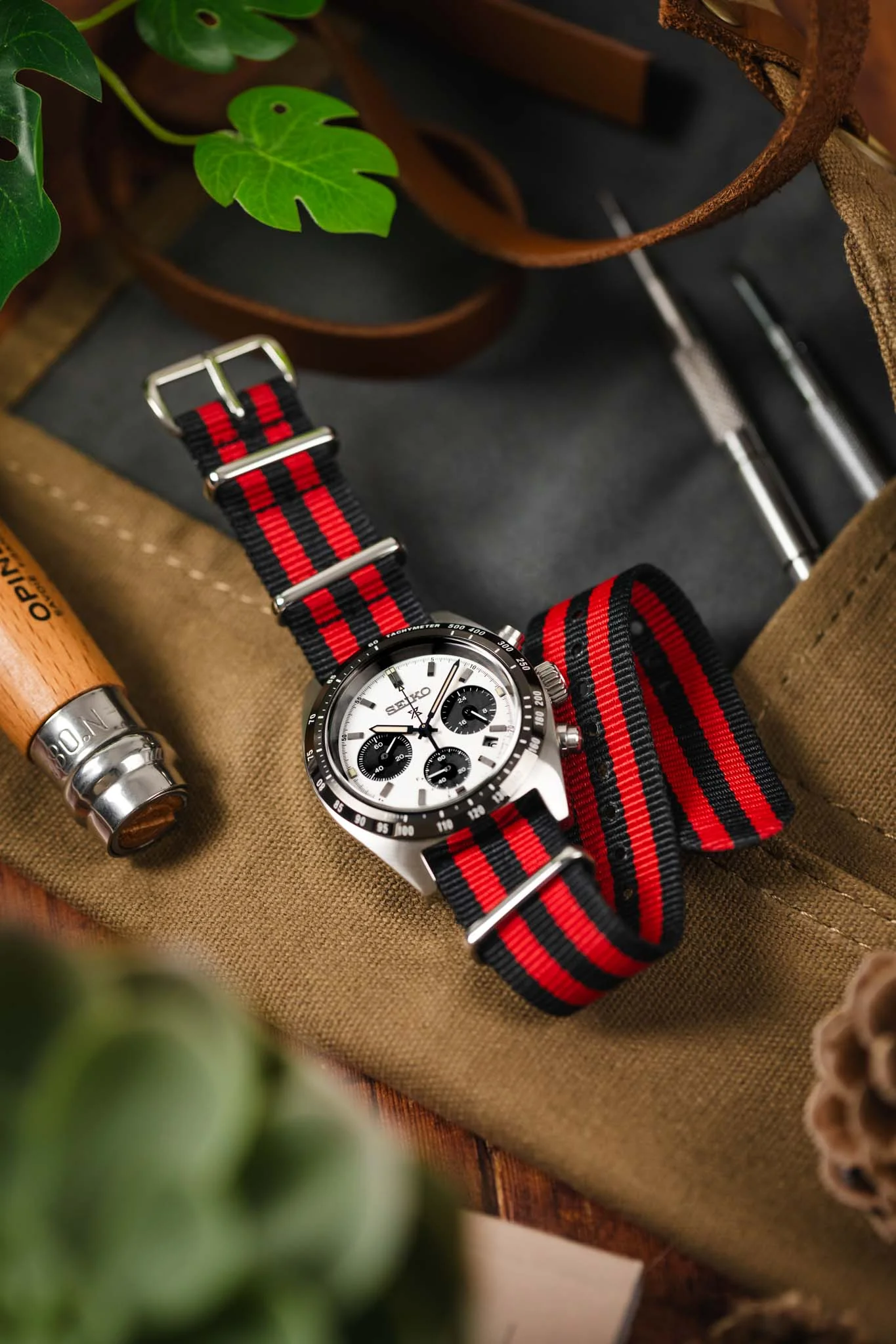 Nylon Watch Strap in BLACK / RED Stripes with Polished Buckle & Keepers - Image 4