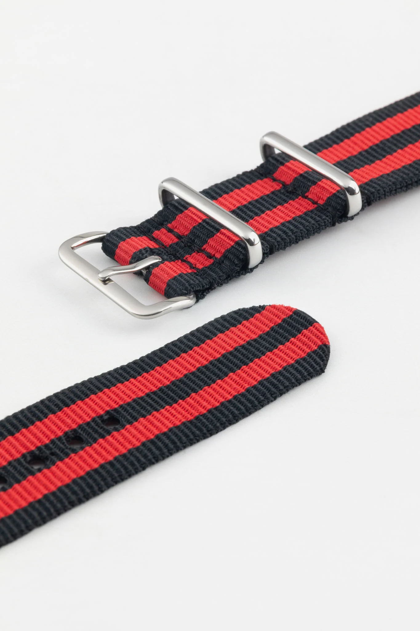 Nylon Watch Strap in BLACK / RED Stripes with Polished Buckle & Keepers - Image 5