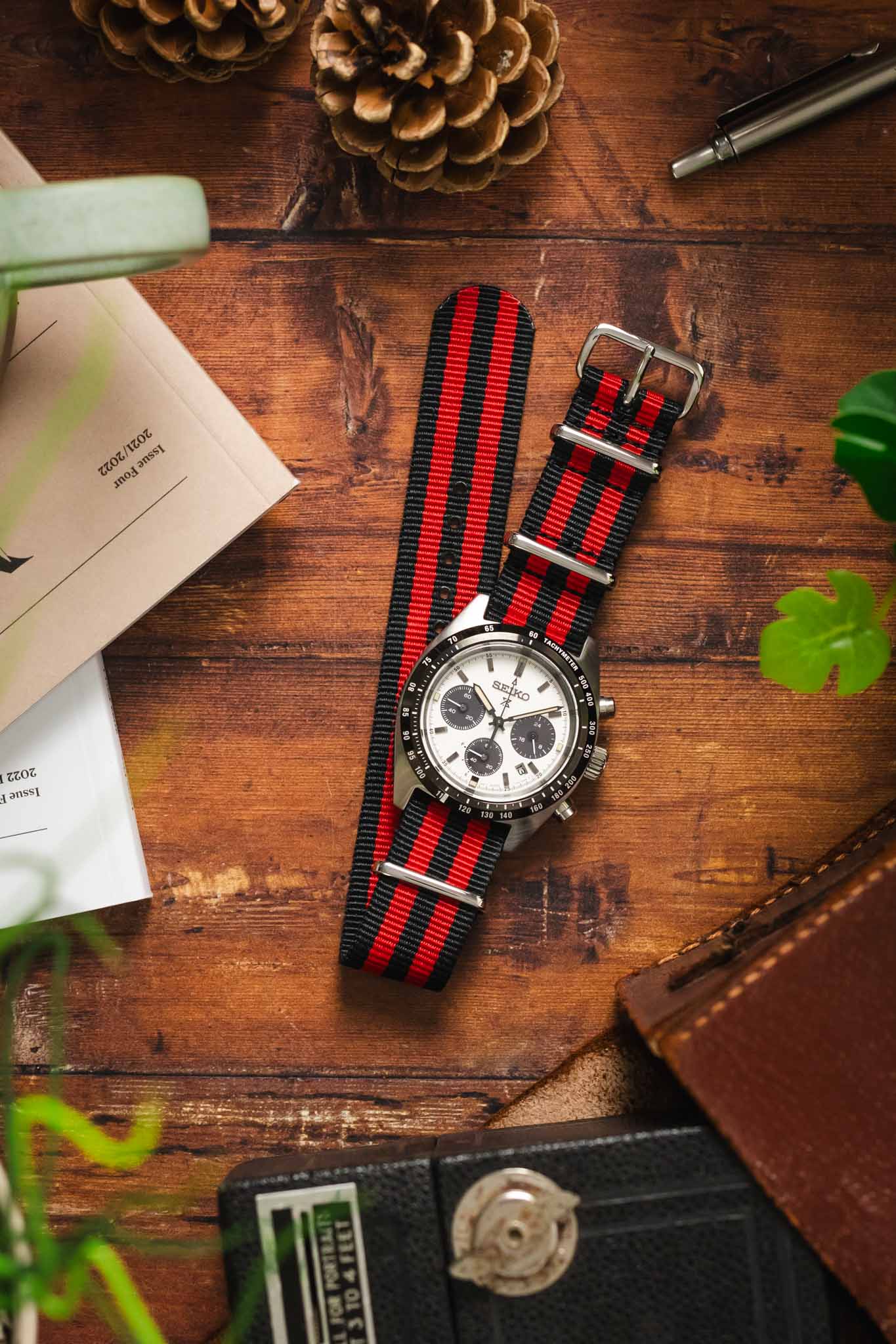Nylon Watch Strap in BLACK / RED Stripes with Polished Buckle & Keepers - Image 6