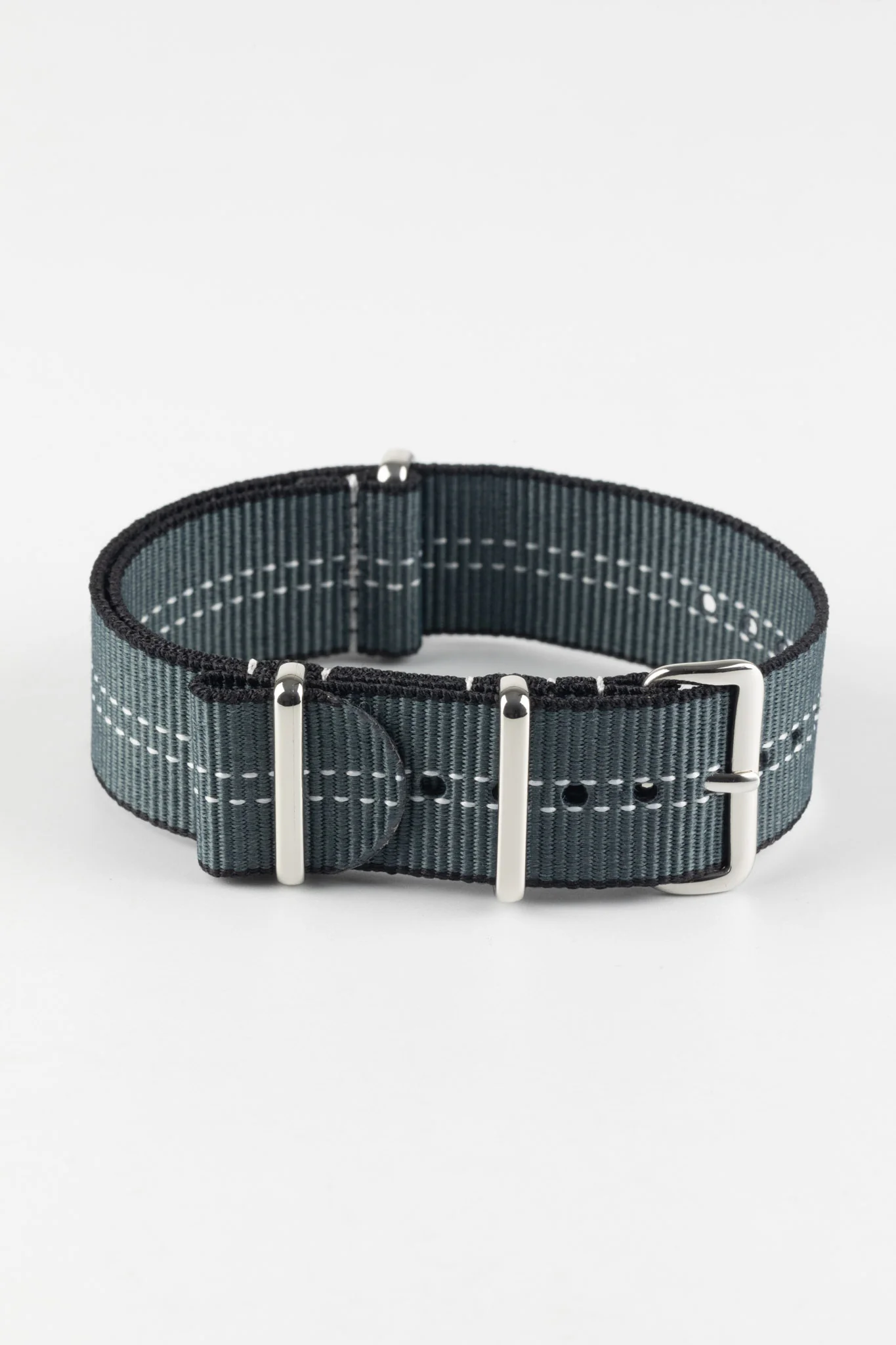 Nylon Watch Strap in GREY with White Stitch and Polished Buckle & Keepers - Image 3