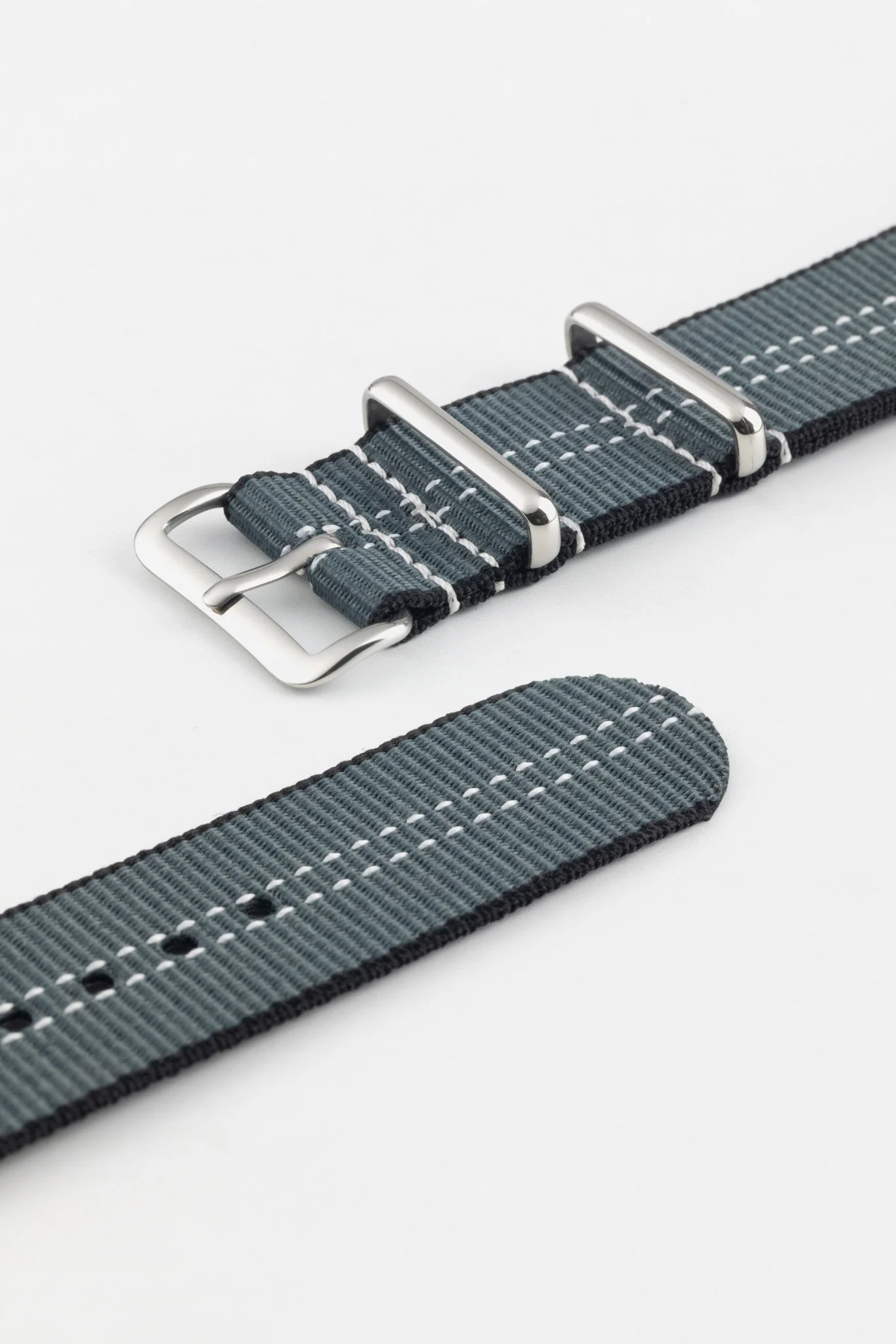 Nylon Watch Strap in GREY with White Stitch and Polished Buckle & Keepers - Image 5