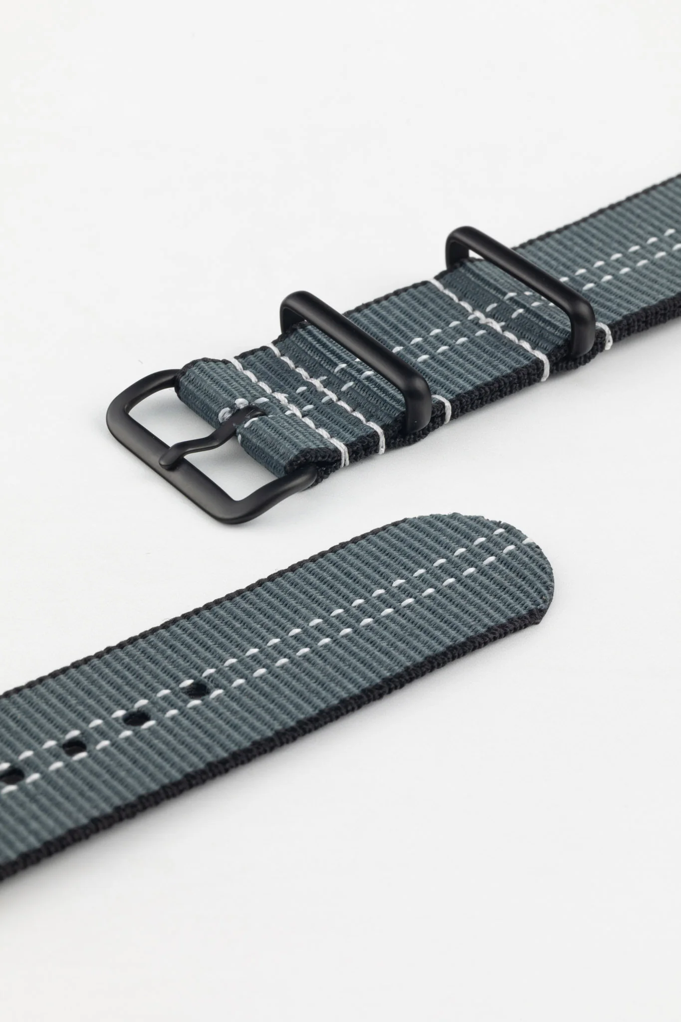 Nylon Centre-Stitch Strap in GREY with White Stitch and PVD Buckle & Keepers - Image 5