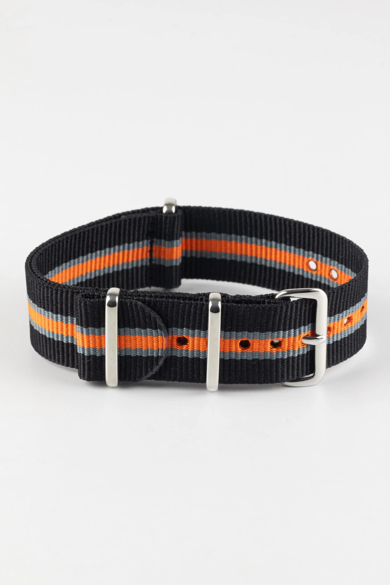 Nylon Watch Strap in BLACK/GREY/ORANGE with Polished Buckle and Keepers - Image 3