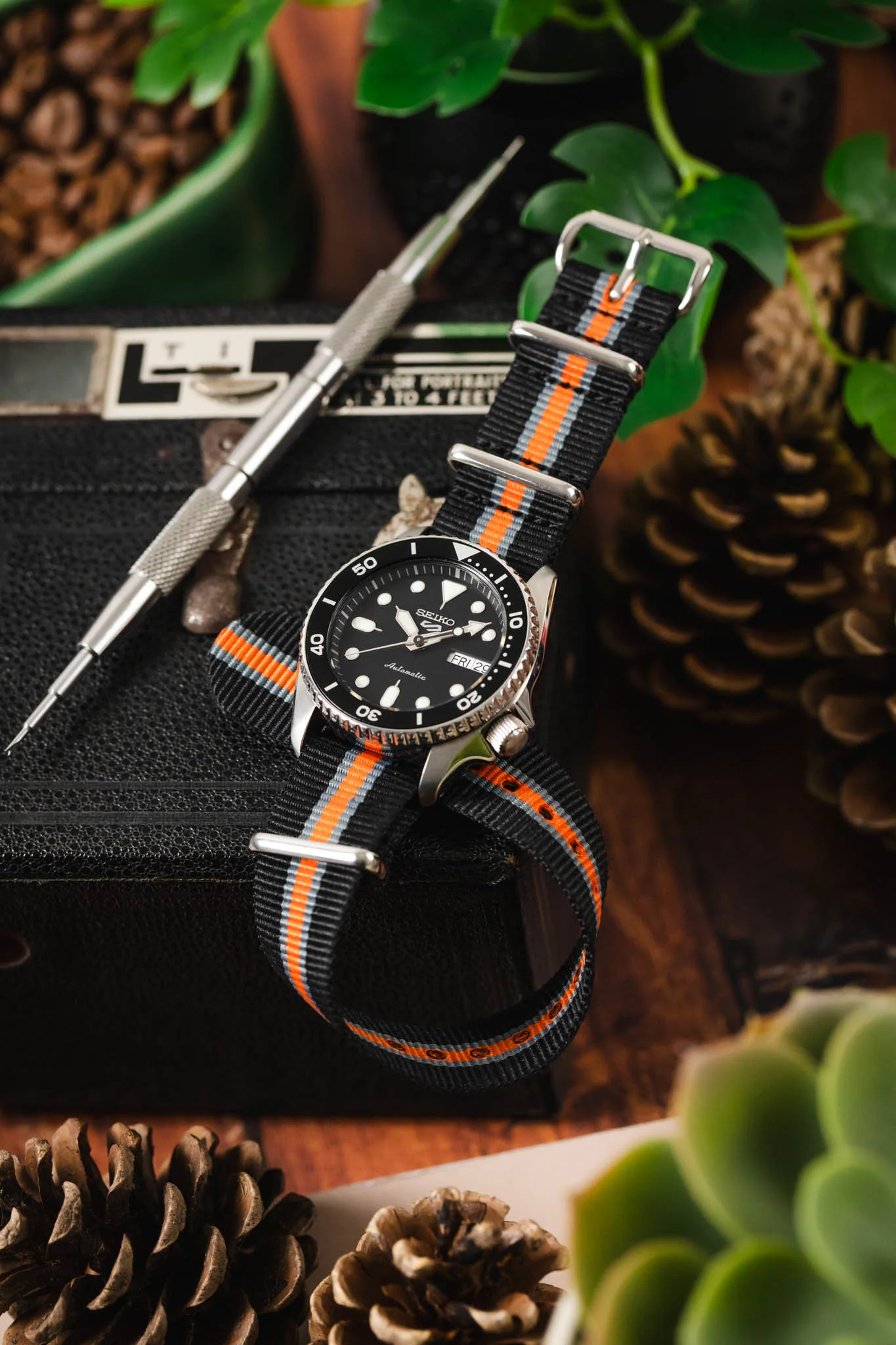 Nylon Watch Strap in BLACK/GREY/ORANGE with Polished Buckle and Keepers - Image 4
