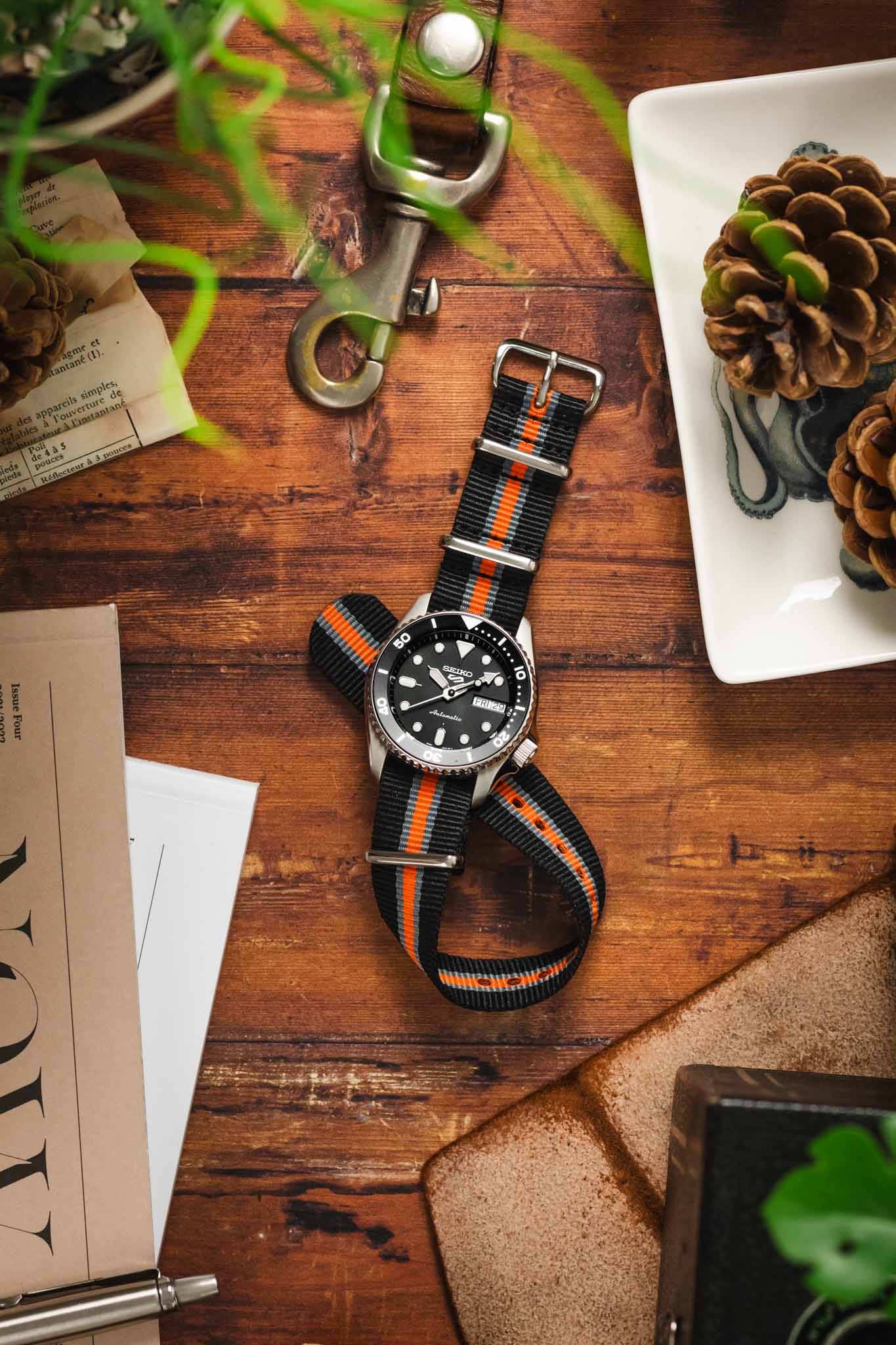 Nylon Watch Strap in BLACK/GREY/ORANGE with Polished Buckle and Keepers - Image 6