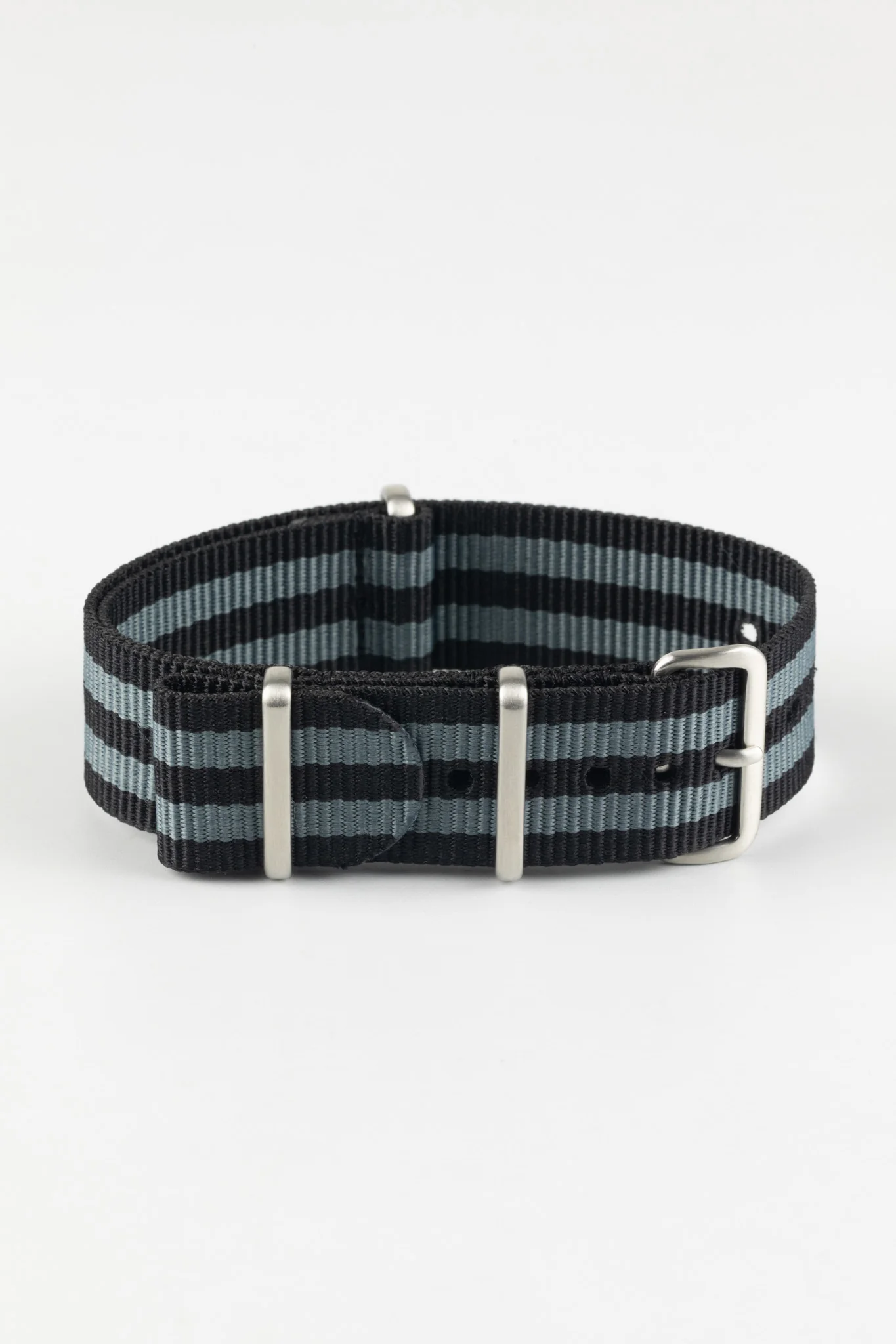 Nylon Watch Strap in BLACK / GREY Stripes with Brushed Buckle & Keepers - Image 3