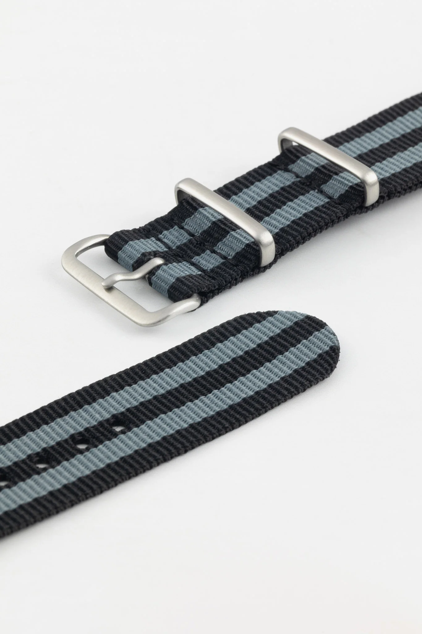 Nylon Watch Strap in BLACK / GREY Stripes with Brushed Buckle & Keepers - Image 5