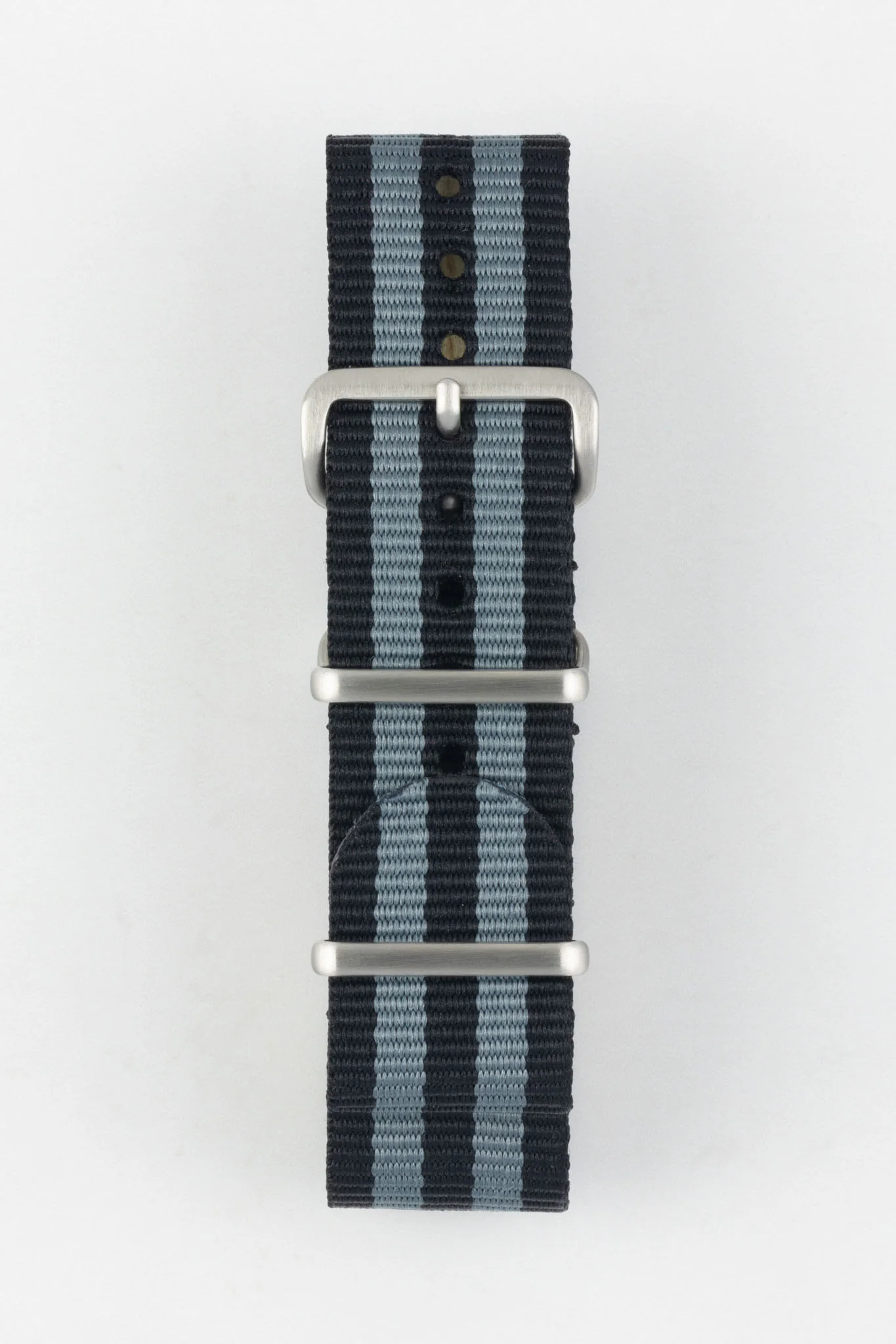 Nylon Watch Strap in BLACK / GREY Stripes with Brushed Buckle & Keepers - Image 8