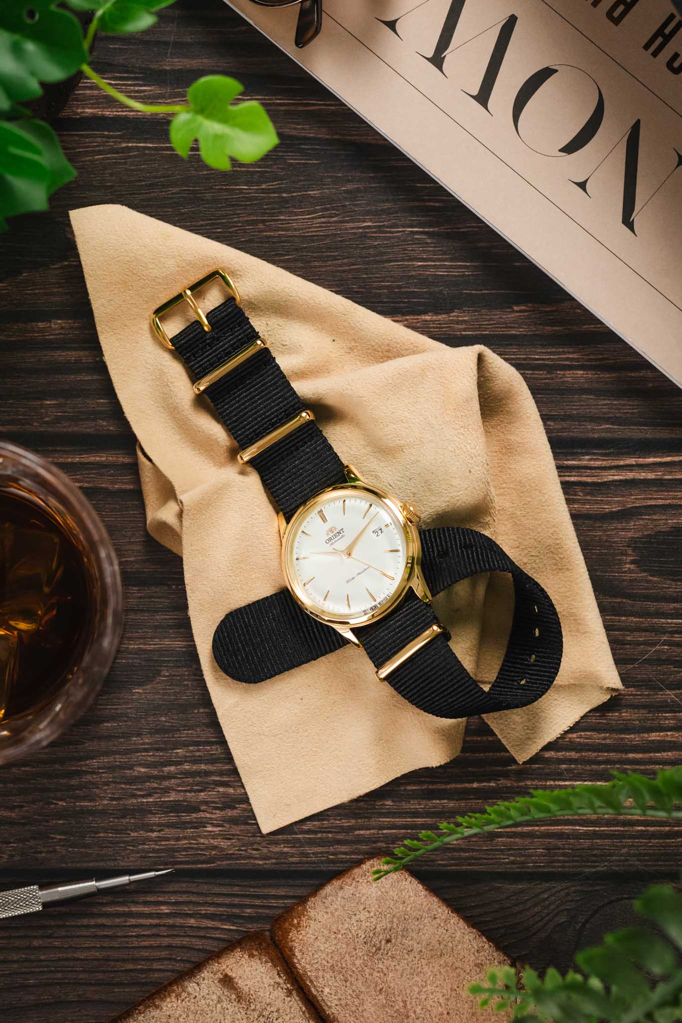 Nylon Watch Strap in BLACK with Gold Buckle and Keepers - Image 6
