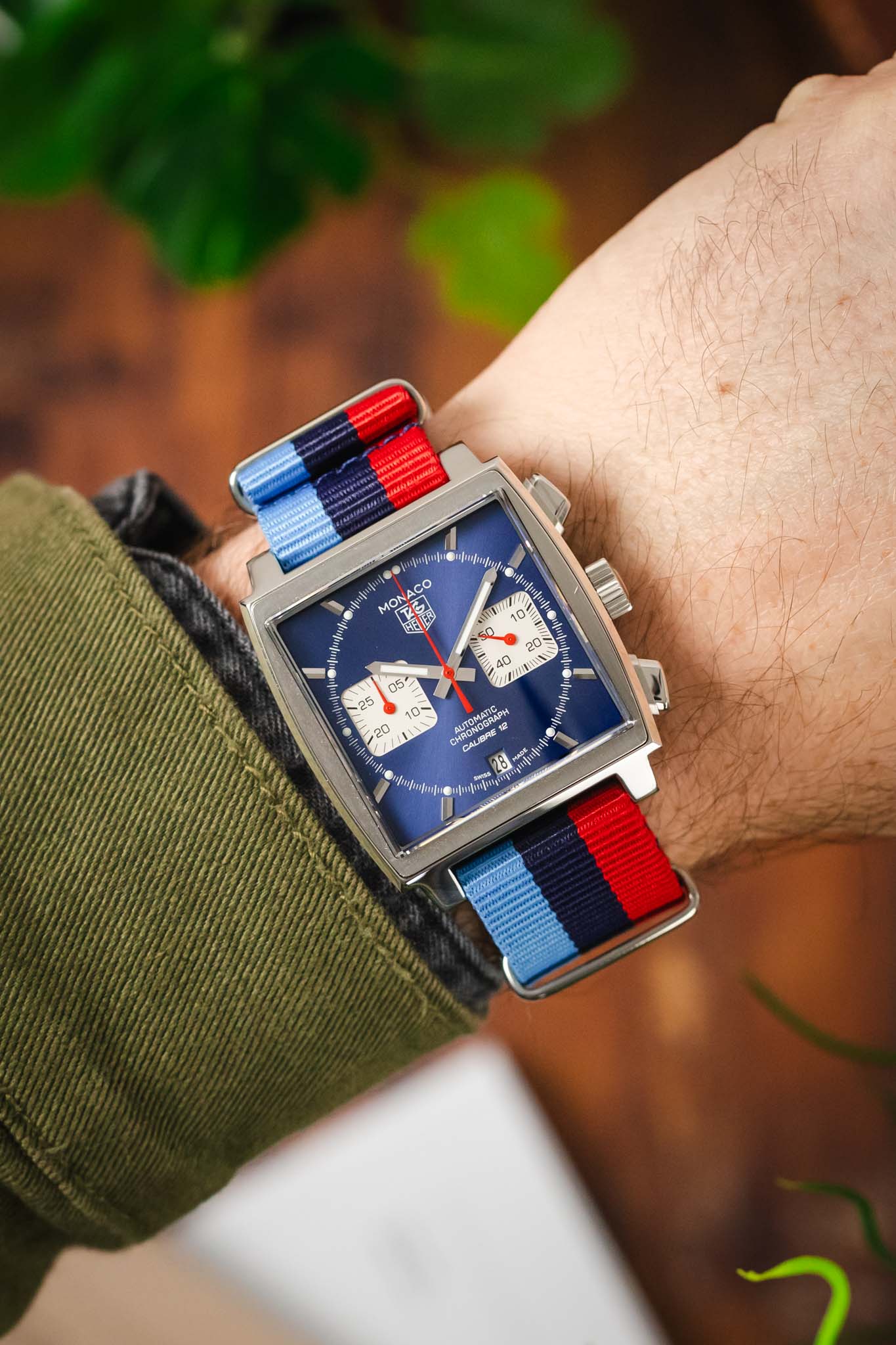 Nylon Watch Strap in BLUE / NAVY / RED Motorsport Stripes with Polished Buckle & Keepers - Image 2