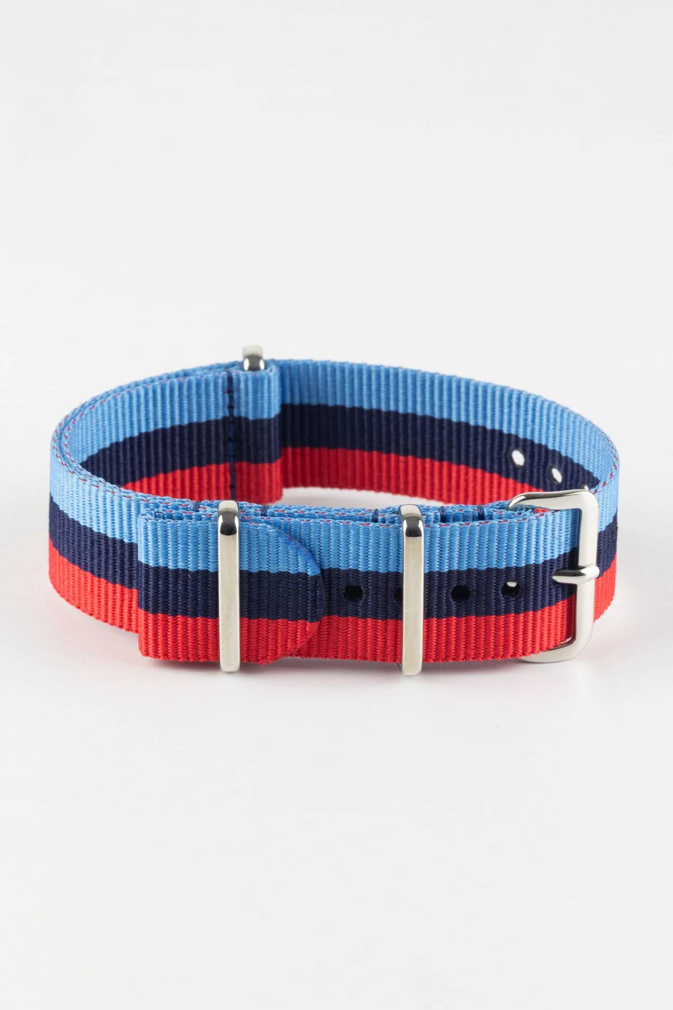Nylon Watch Strap in BLUE / NAVY / RED Motorsport Stripes with Polished Buckle & Keepers - Image 3