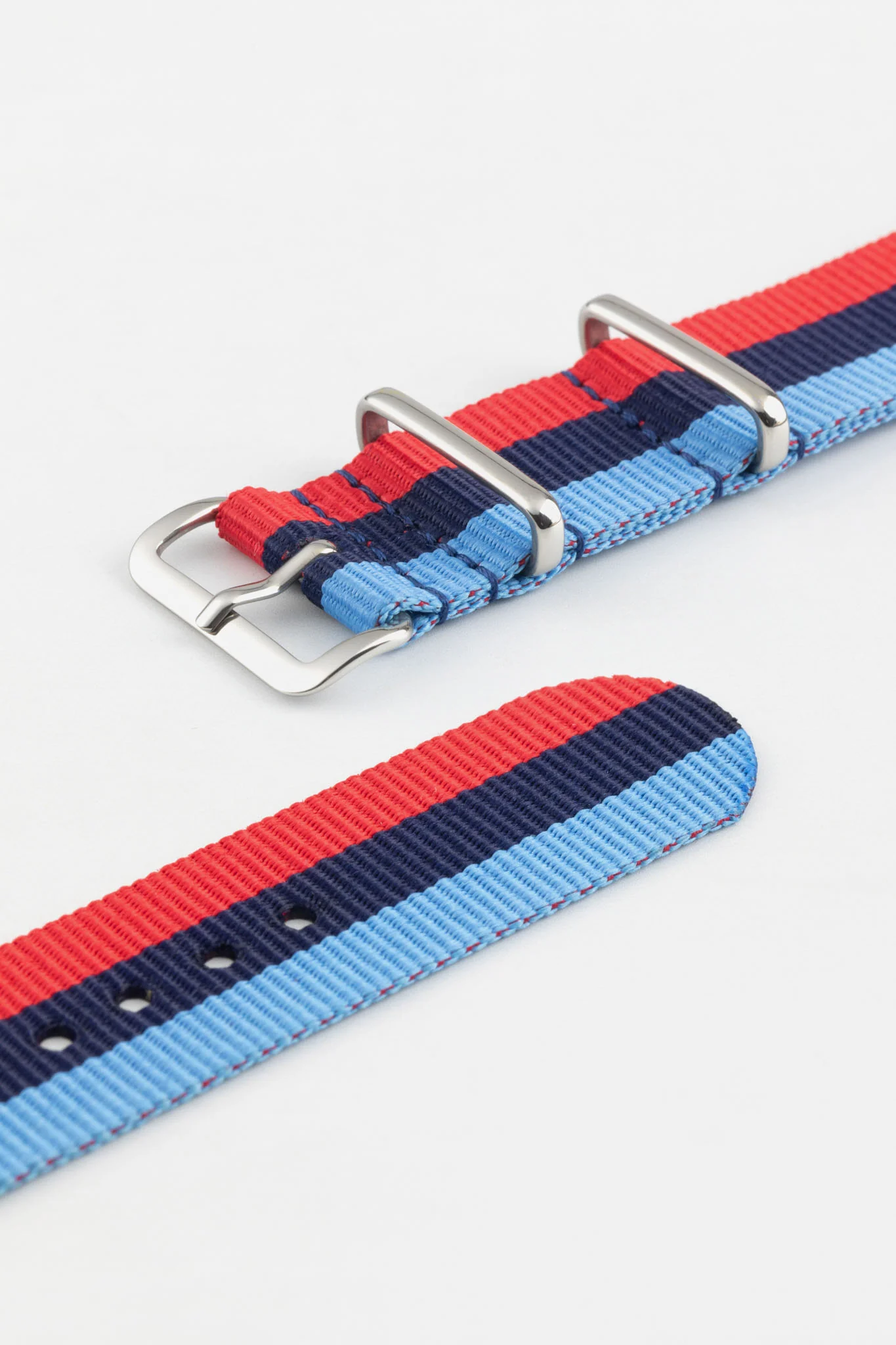 Nylon Watch Strap in BLUE / NAVY / RED Motorsport Stripes with Polished Buckle & Keepers - Image 5