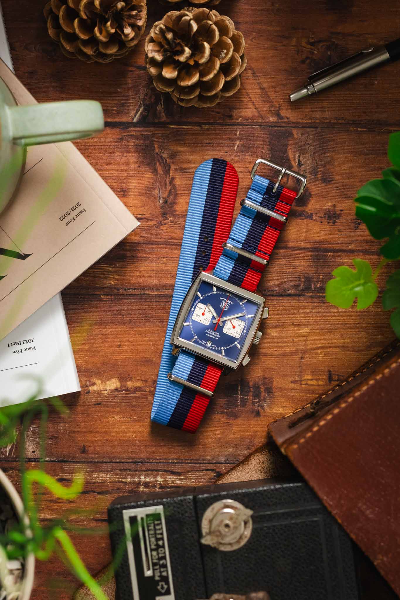 Nylon Watch Strap in BLUE / NAVY / RED Motorsport Stripes with Polished Buckle & Keepers - Image 6