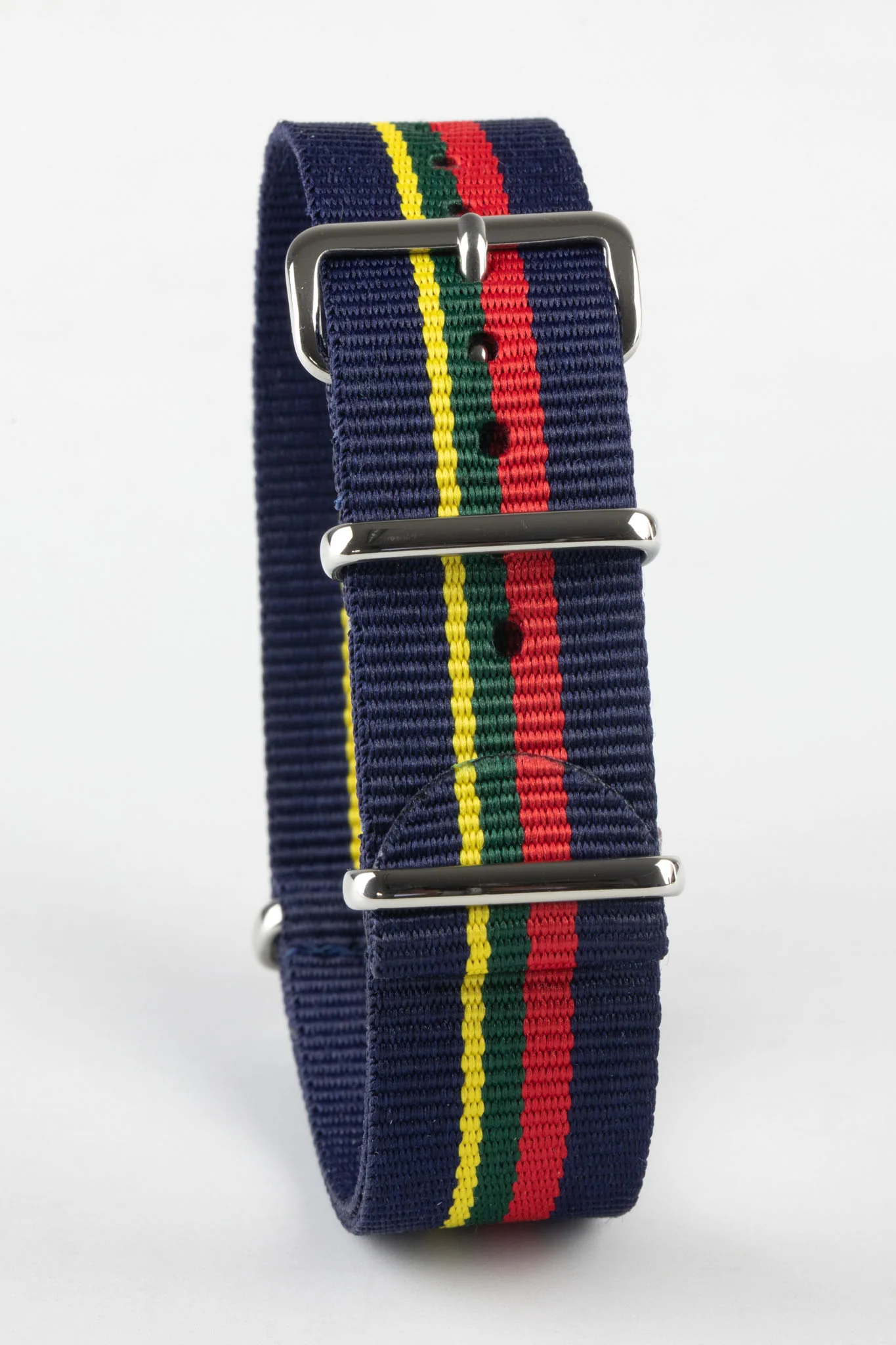 Nylon Watch Strap in BLUE / RED / GREEN / YELLOW Stripes with Polished Buckle & Keepers - Image 3