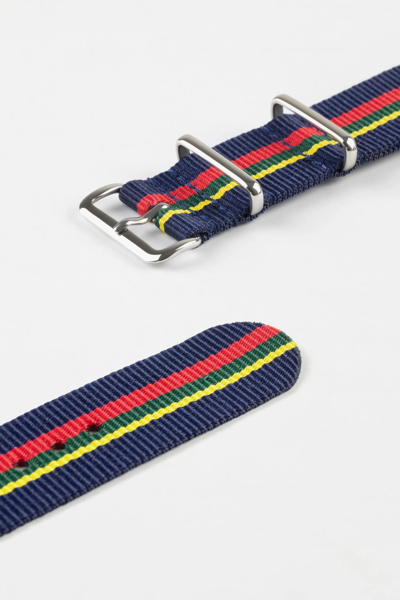 Nylon Watch Strap in BLUE / RED / GREEN / YELLOW Stripes with Polished Buckle & Keepers - Image 5