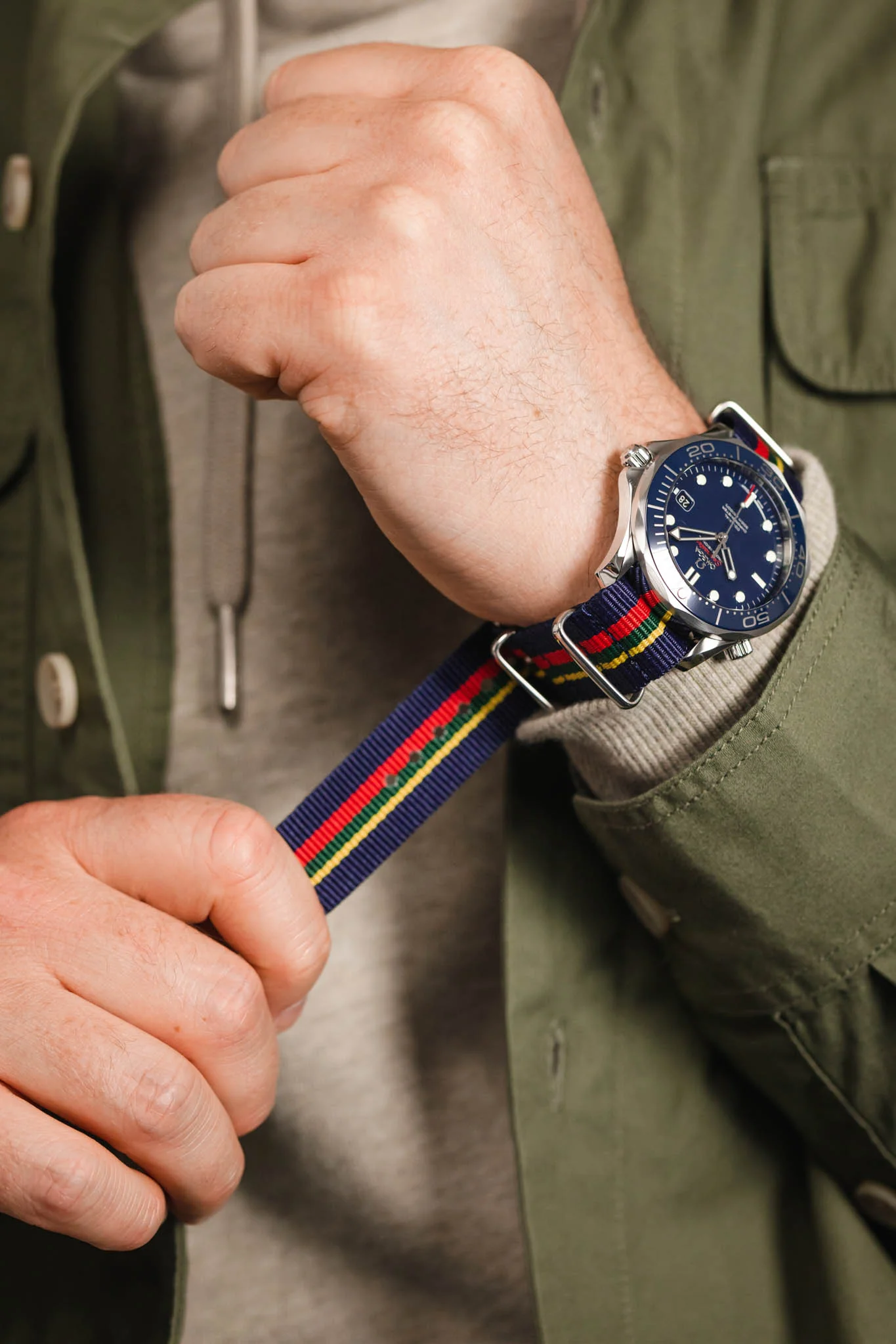 Nylon Watch Strap in BLUE / RED / GREEN / YELLOW Stripes with Polished Buckle & Keepers - Image 6