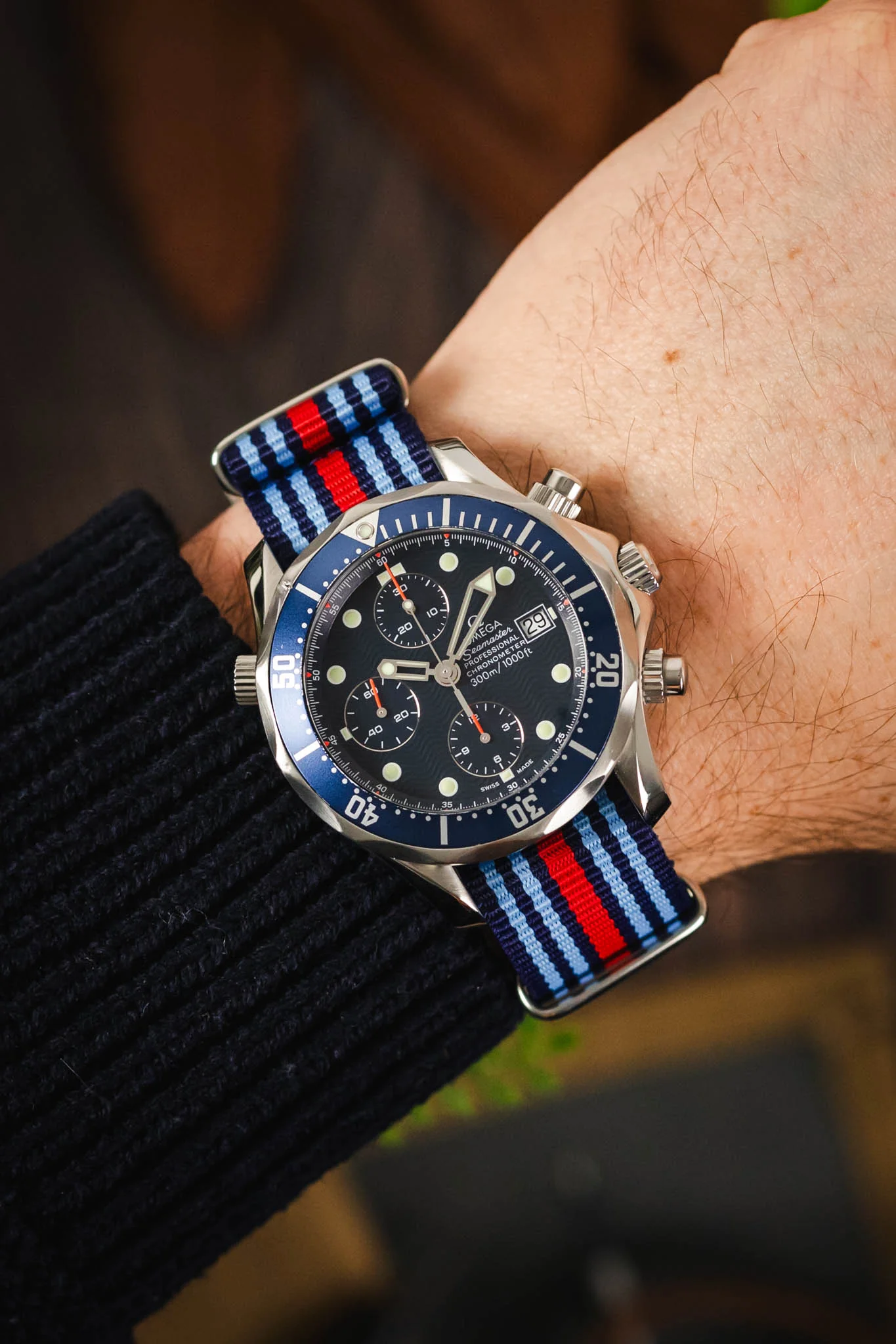 Nylon Watch Strap in BLUE / RED Motorsport Stripes with Polished Buckle & Keepers - Image 2