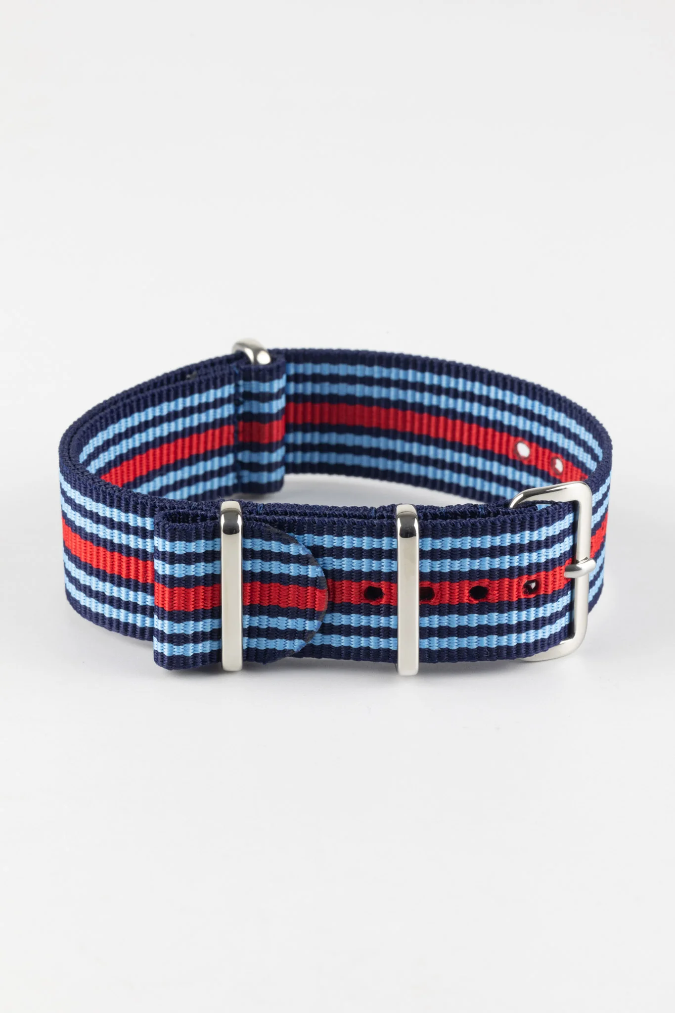 Nylon Watch Strap in BLUE / RED Motorsport Stripes with Polished Buckle & Keepers - Image 3