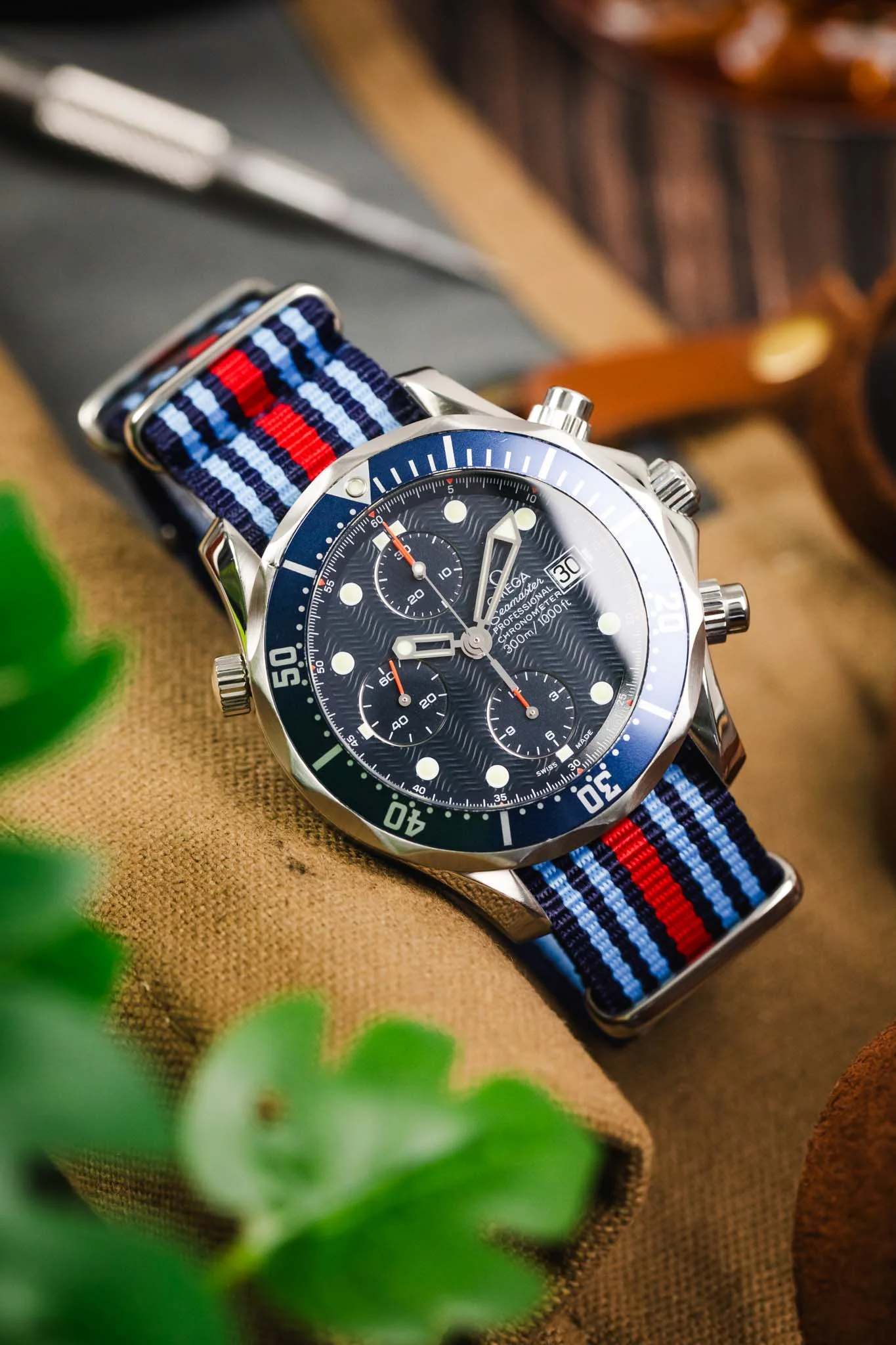Nylon Watch Strap in BLUE / RED Motorsport Stripes with Polished Buckle & Keepers - Image 4