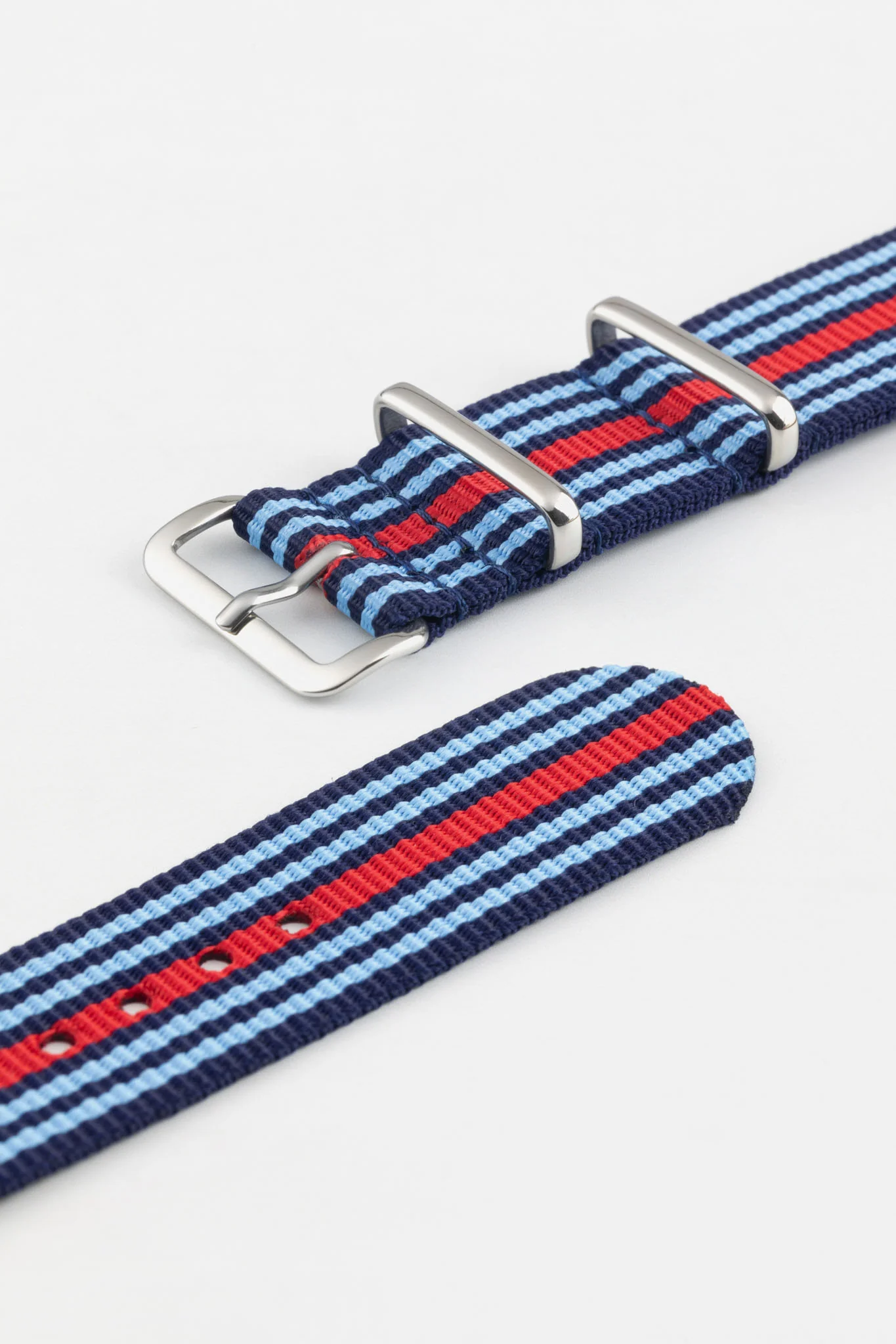 Nylon Watch Strap in BLUE / RED Motorsport Stripes with Polished Buckle & Keepers - Image 5